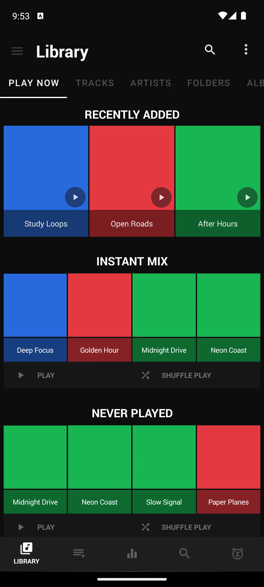 BlackPlayer library home with recently added and instant mix sections