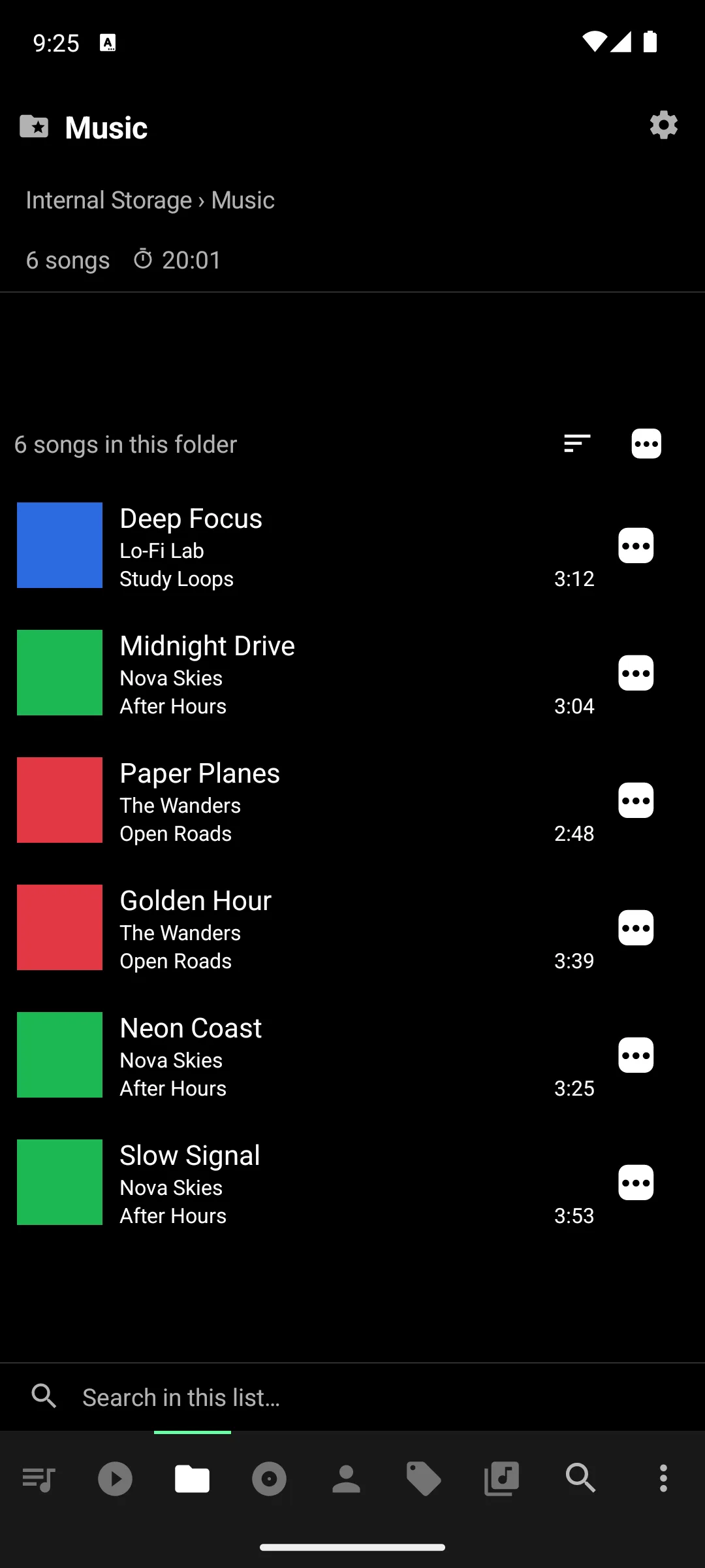 Musicolet song library with album art and track durations