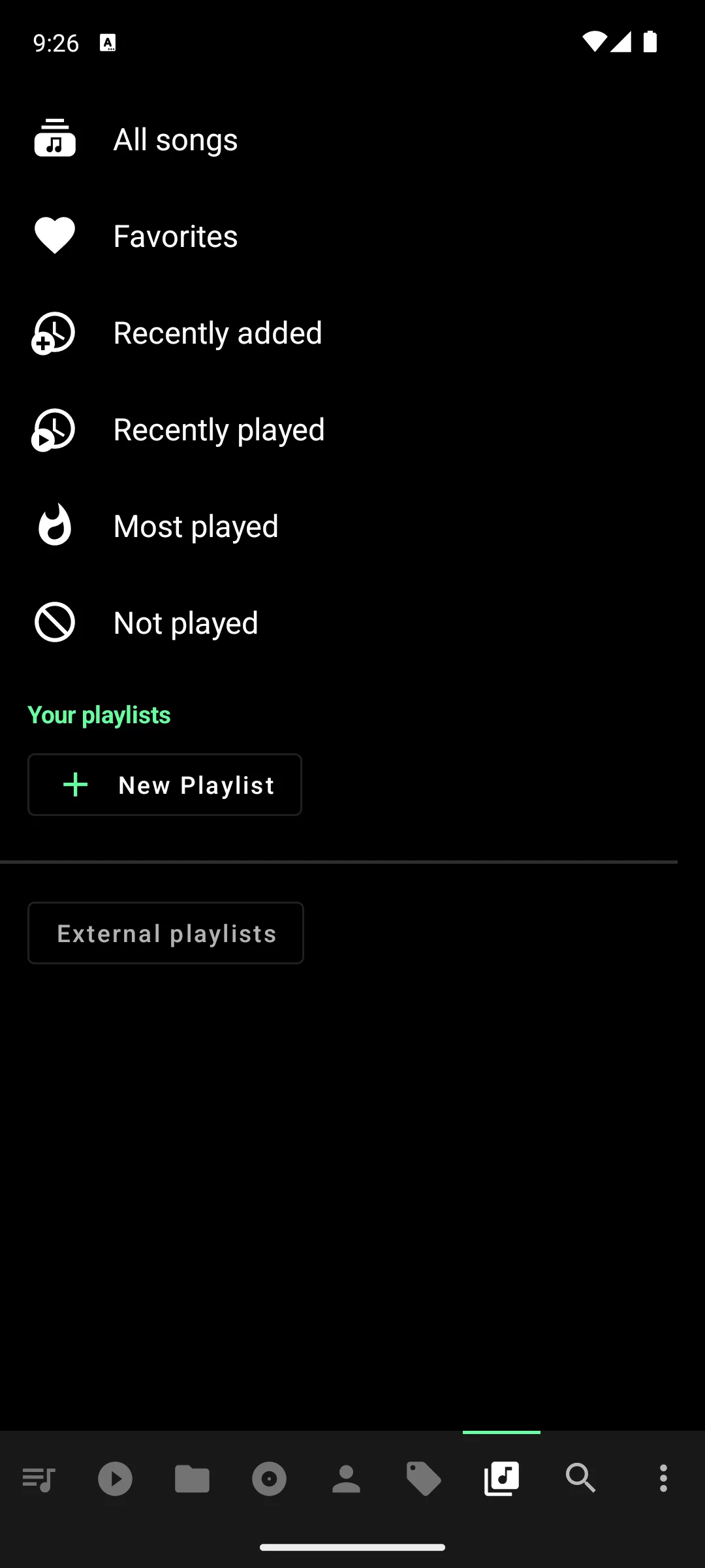 Musicolet playlists and quick lists such as Favorites and Recently added