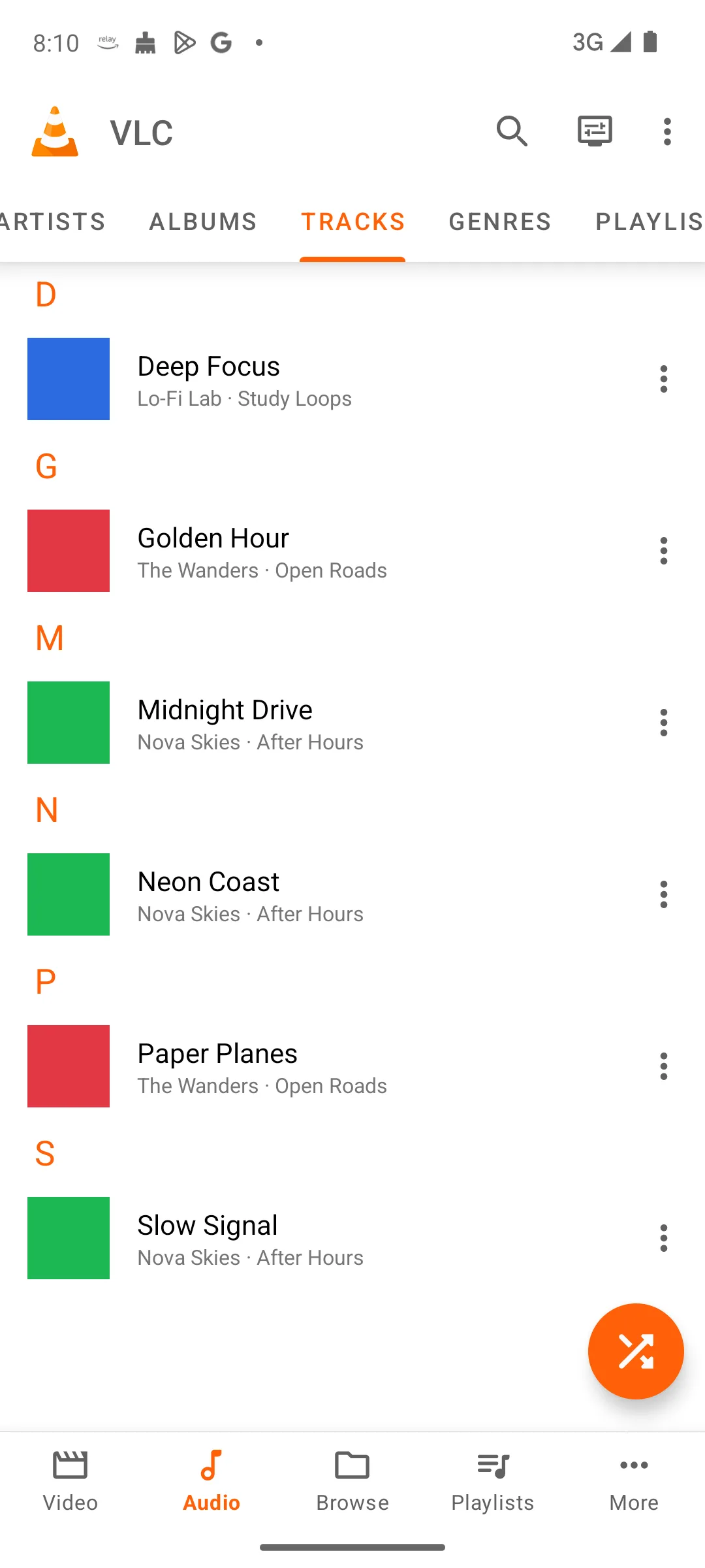 VLC audio library showing the track list