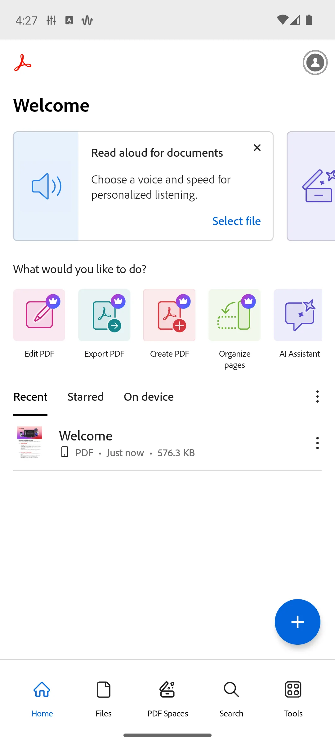 Adobe Acrobat home screen with Edit, Export, Create and Organize PDF tools and recent files