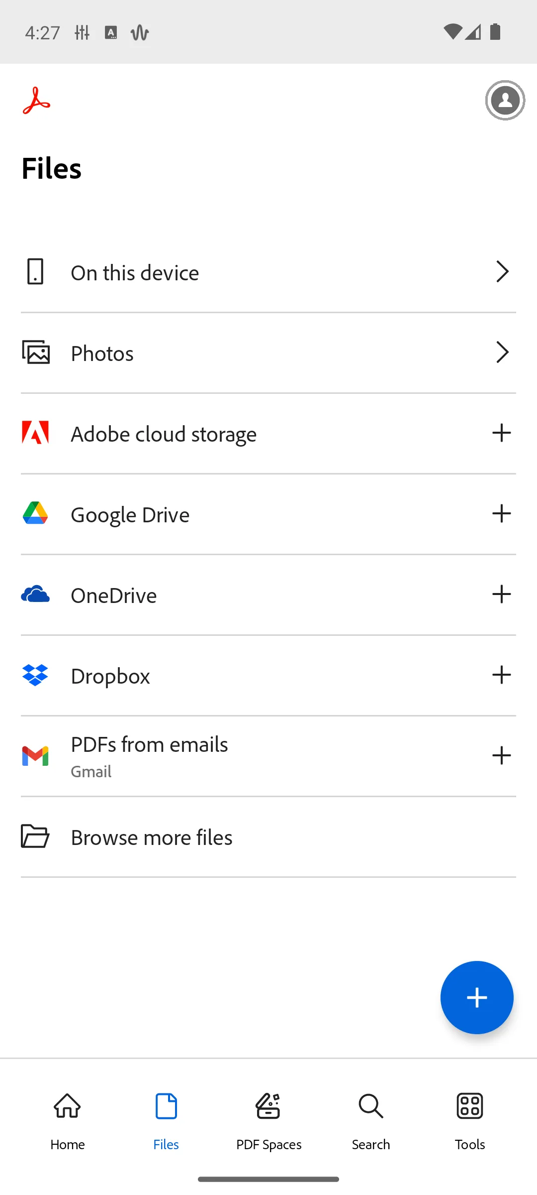 Adobe Acrobat file browser with on-device, cloud and Drive sources