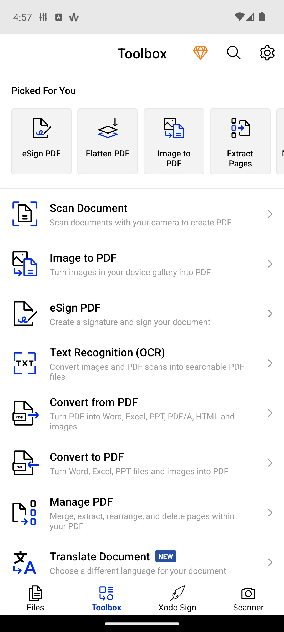 Xodo toolbox with eSign, flatten, image-to-PDF, OCR, convert and manage tools