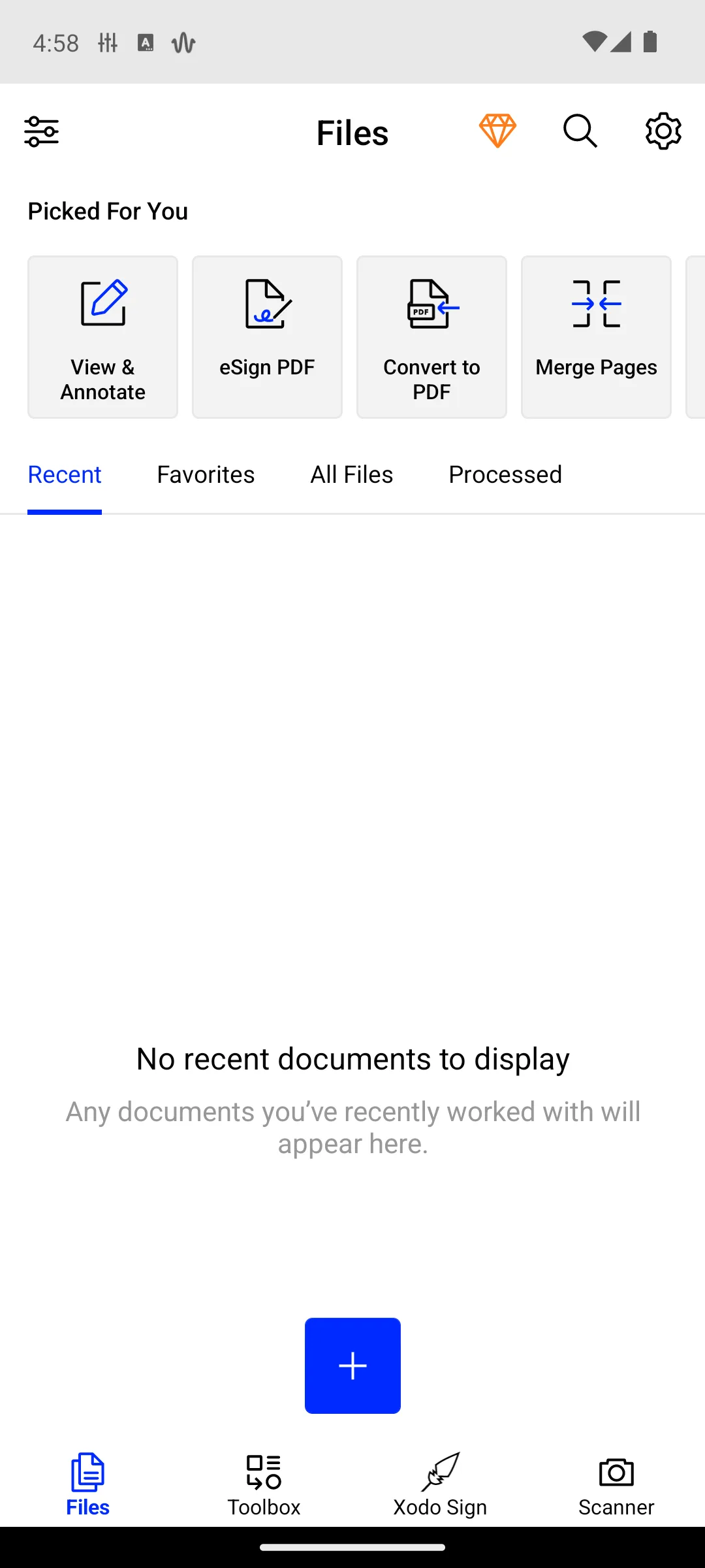 Xodo files view with view-and-annotate, eSign, convert and merge shortcuts