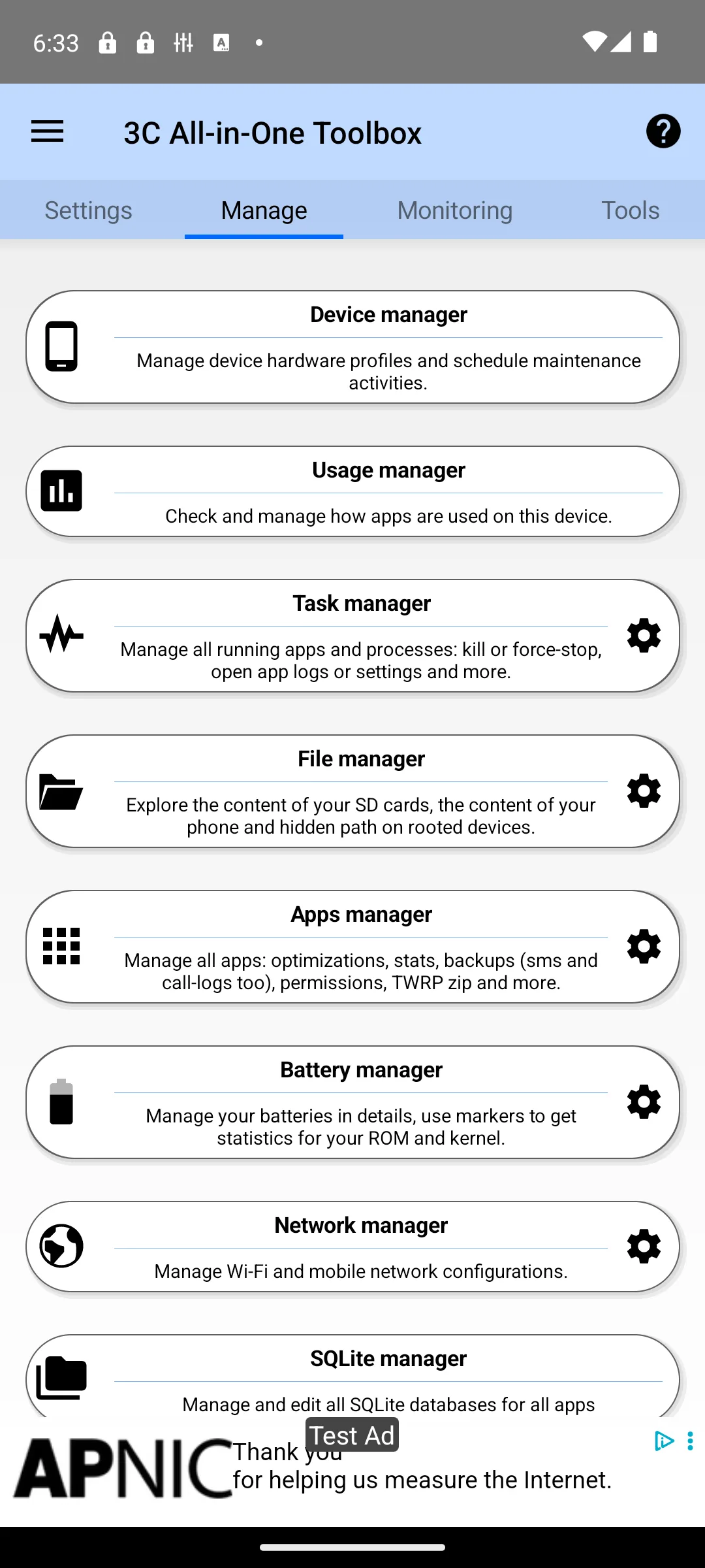 3C All-in-One Toolbox manage tab with device, usage, task, file, apps, battery and network managers