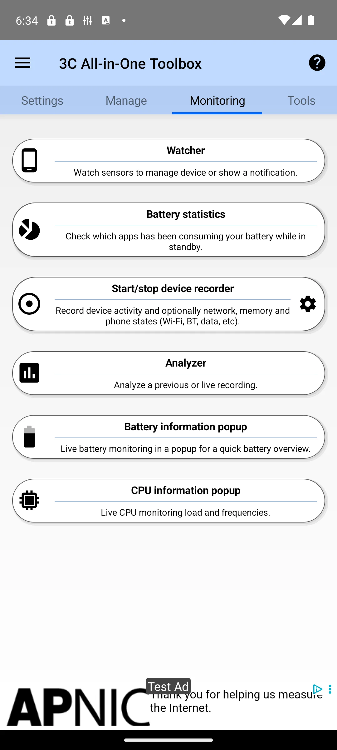 3C All-in-One Toolbox monitoring tab with sensor watcher, battery statistics and CPU popups