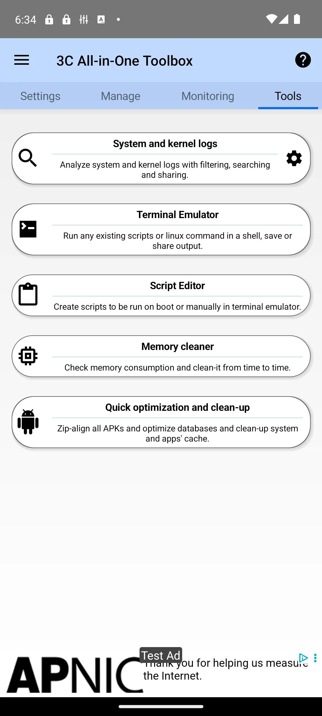 3C All-in-One Toolbox tools tab with kernel logs, terminal, script editor and memory cleaner