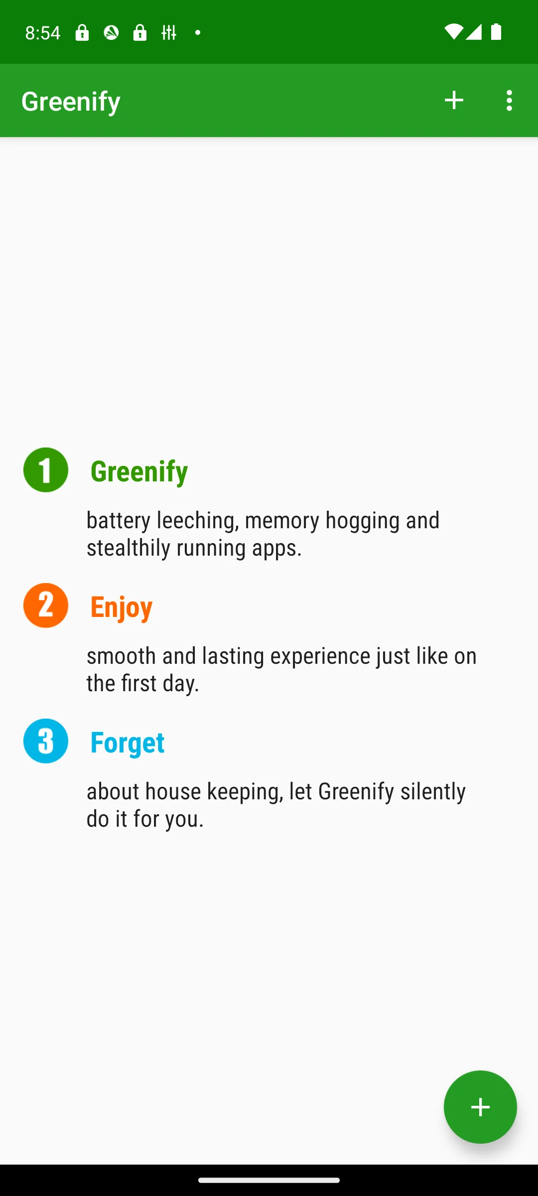 Greenify home screen explaining how it hibernates battery-draining apps