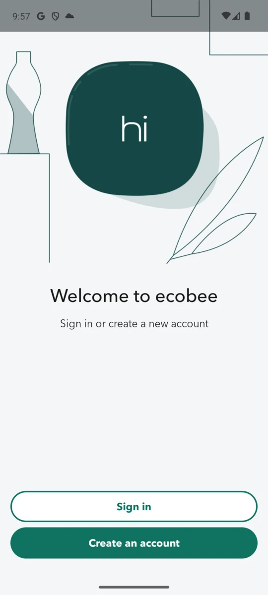 The ecobee app on first launch, headed Welcome to ecobee, with the line Sign in or create a new account above Sign in and Create an account buttons.