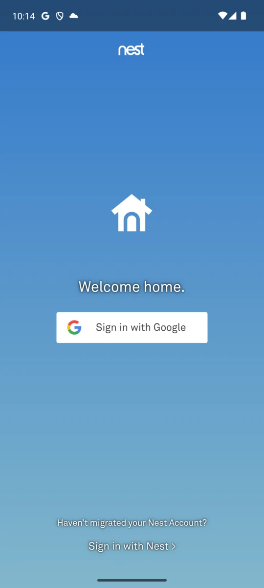 The Nest app on first launch, headed Welcome home, offering Sign in with Google and Sign in with Nest, plus a line asking whether you have migrated your Nest Account.
