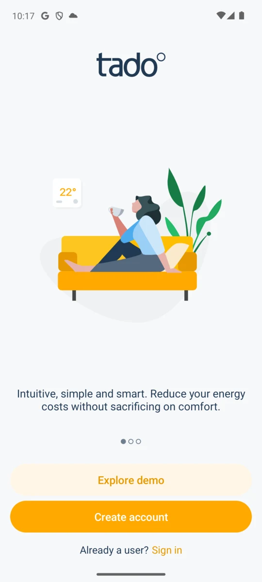 The tado app on first launch, showing an Explore demo button above Create account and an Already a user? Sign in line.