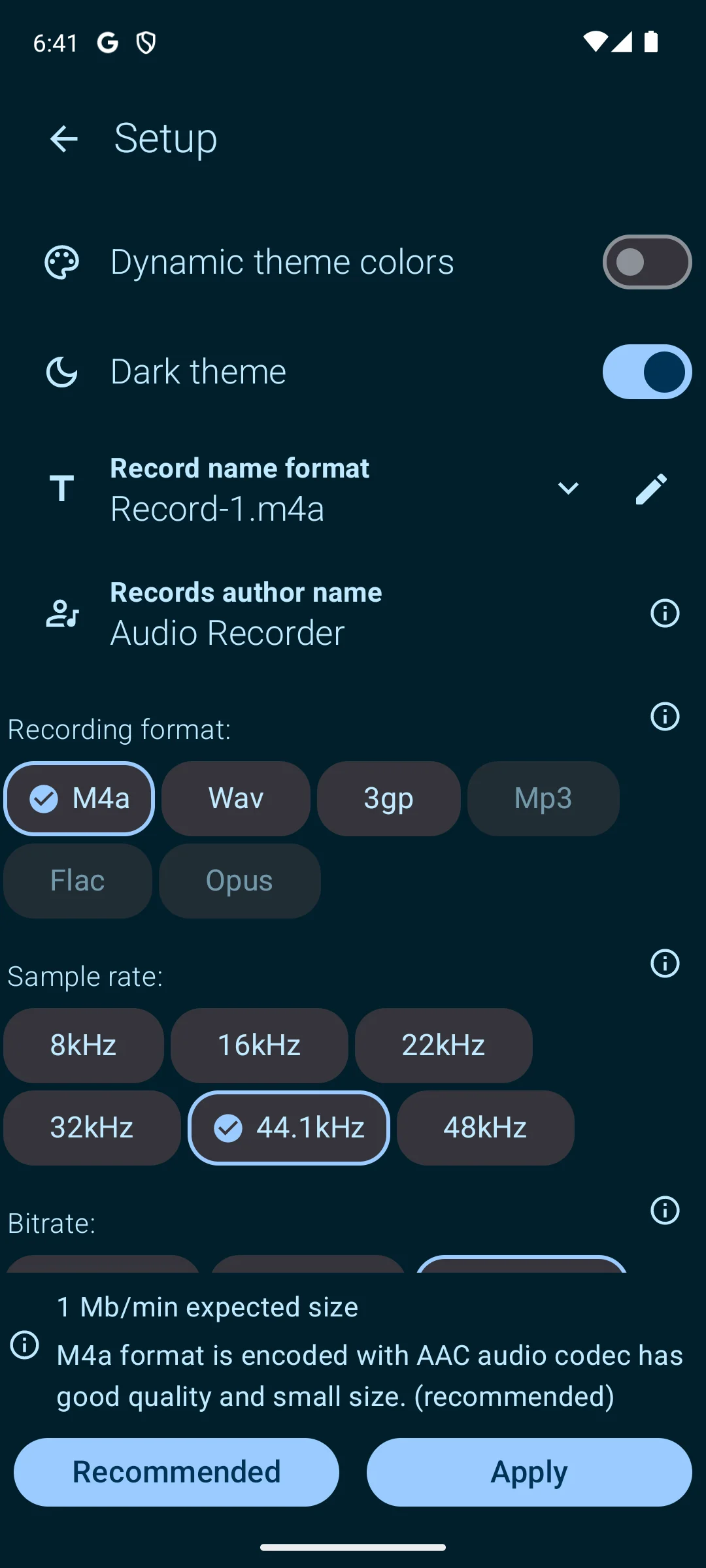 Audio Recorder on Android, settings.