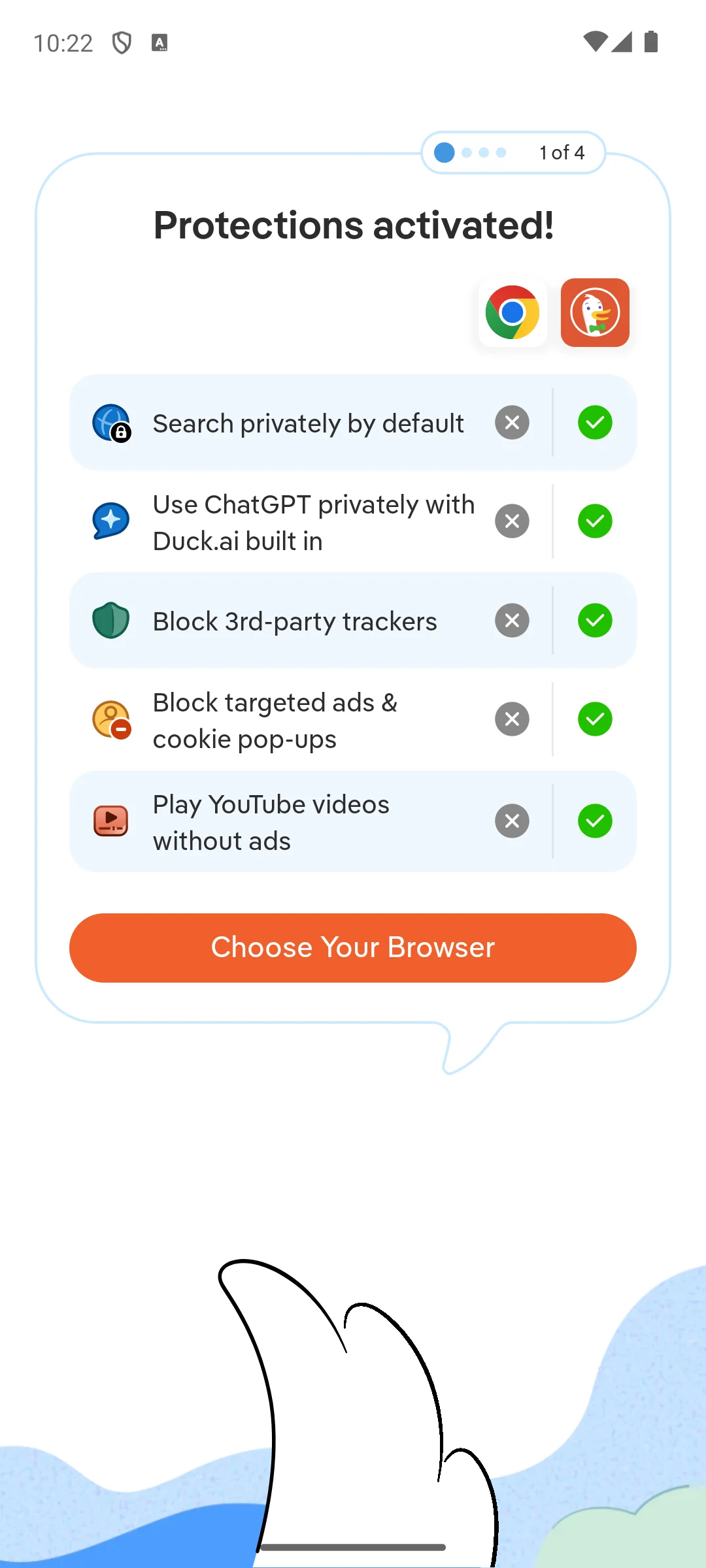 DuckDuckGo on Android, Step one of setup, its own list of protections.