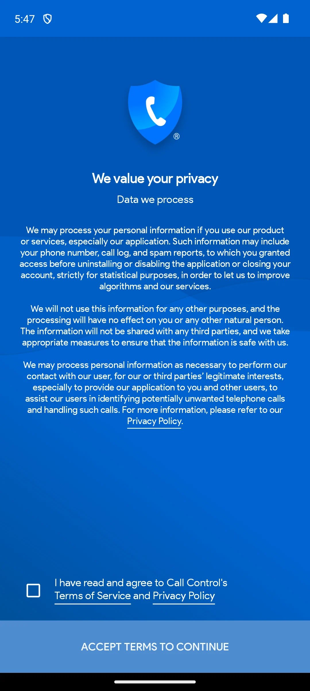 Call Control on Android, The privacy page it opens on.