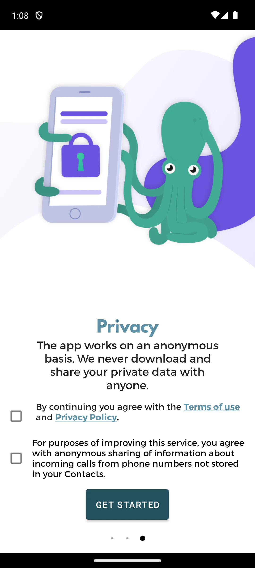 Should I Answer? on Android, The privacy screen, with its two separate boxes.