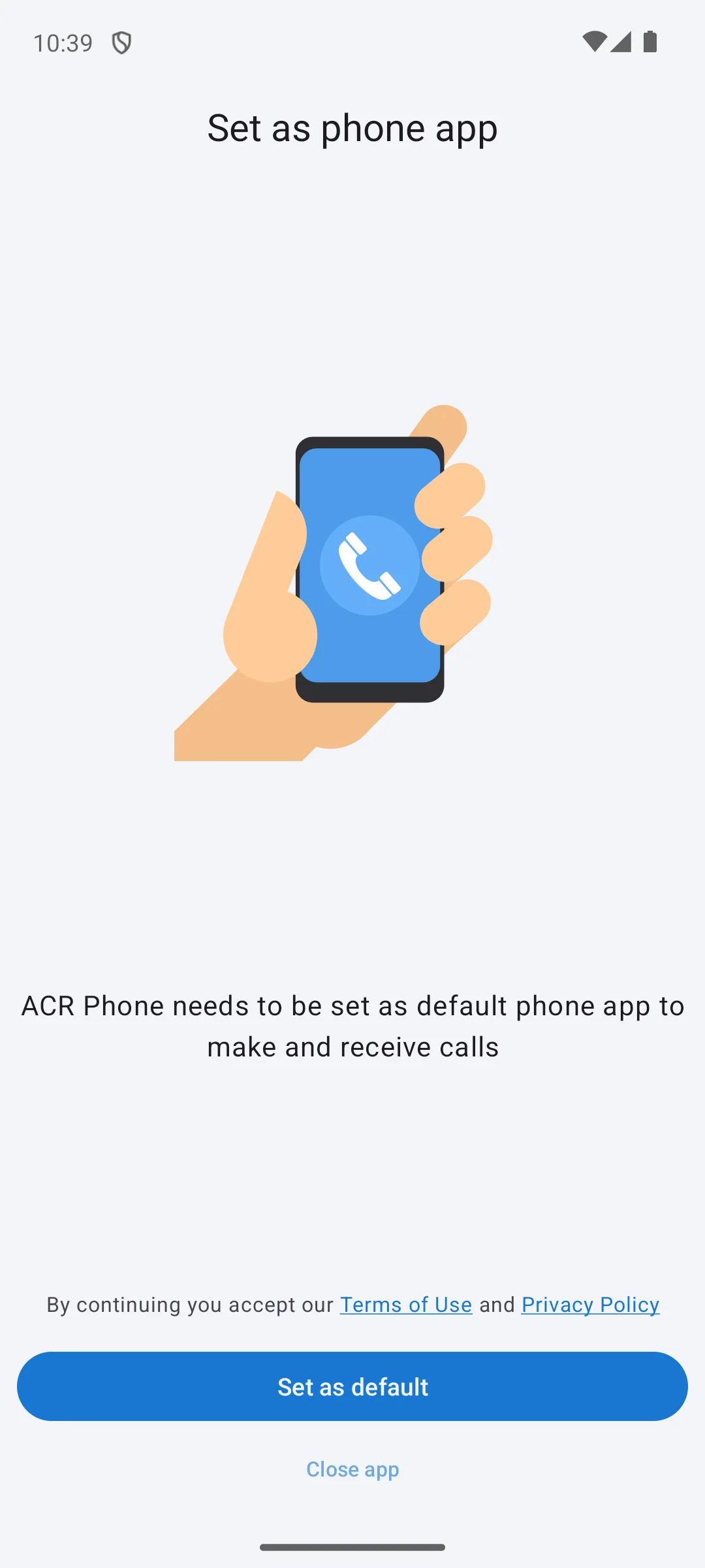 ACR Phone on Android, The screen it opens on, asking for the dialler role.