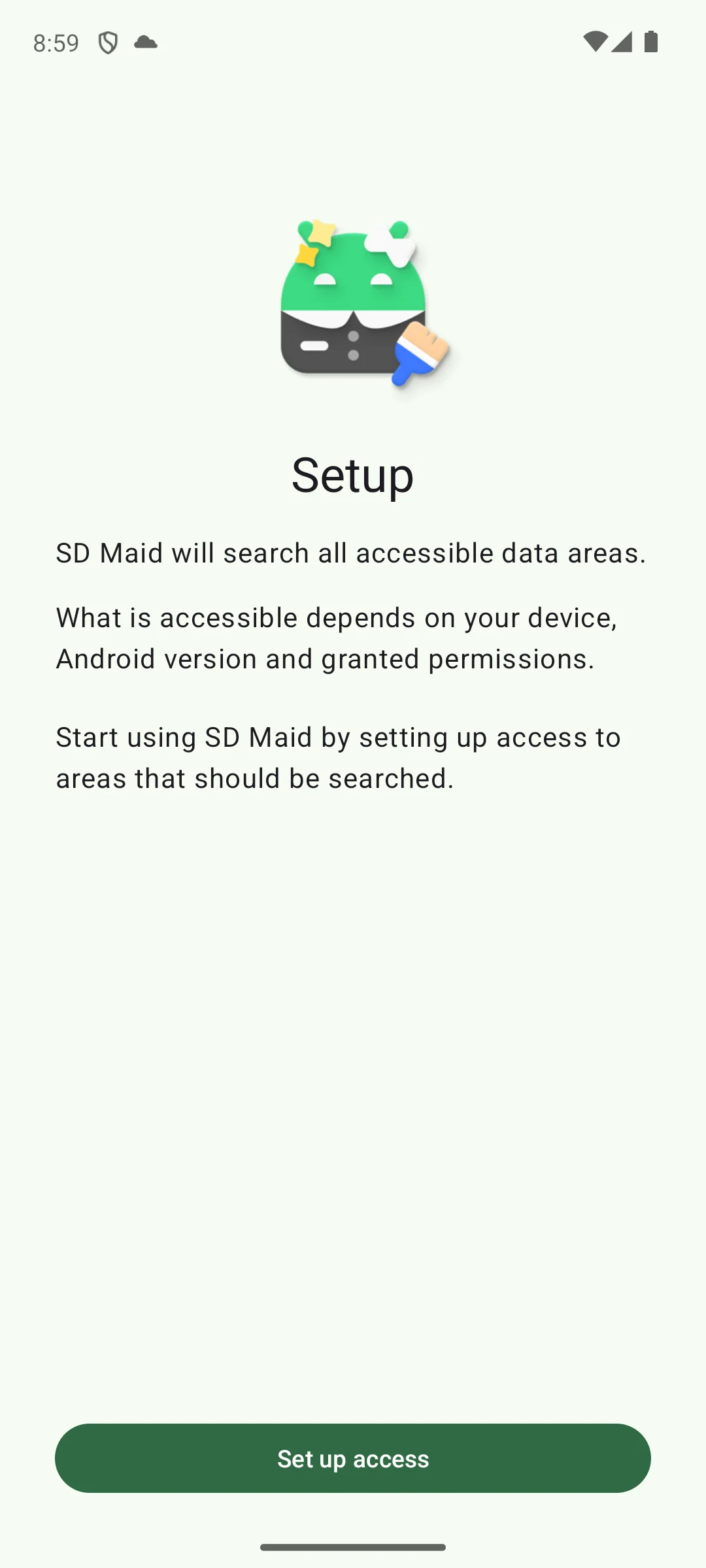 SD Maid 2 SE on Android, The setup page it opens on.