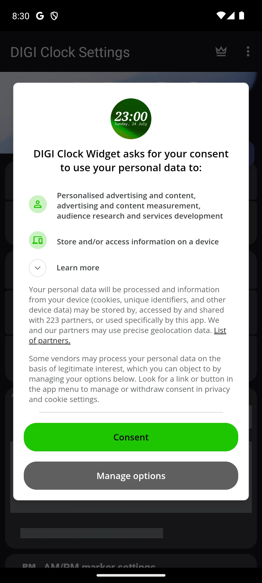 DIGI Clock Widget on Android, consent dialog on first launch.