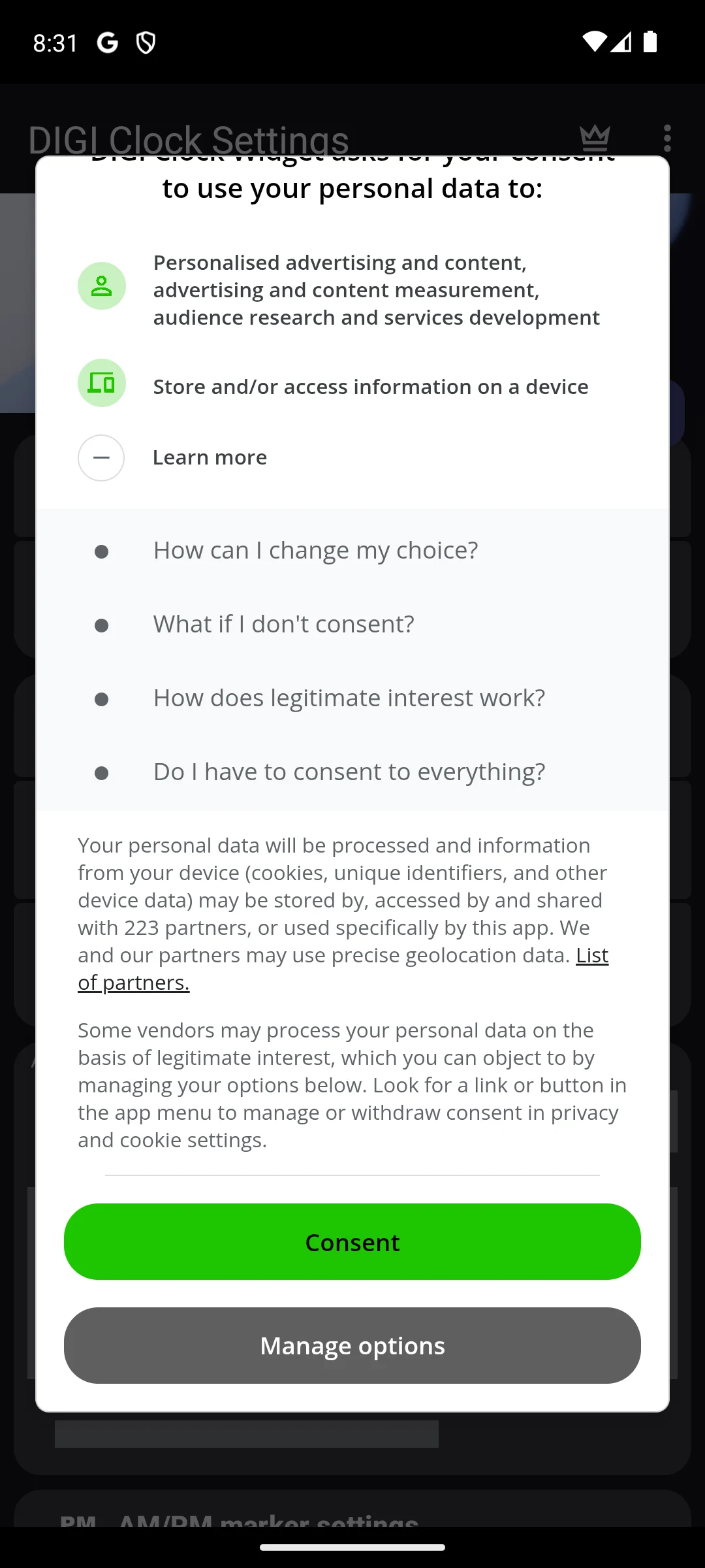 DIGI Clock Widget on Android, consent dialog, details expanded.