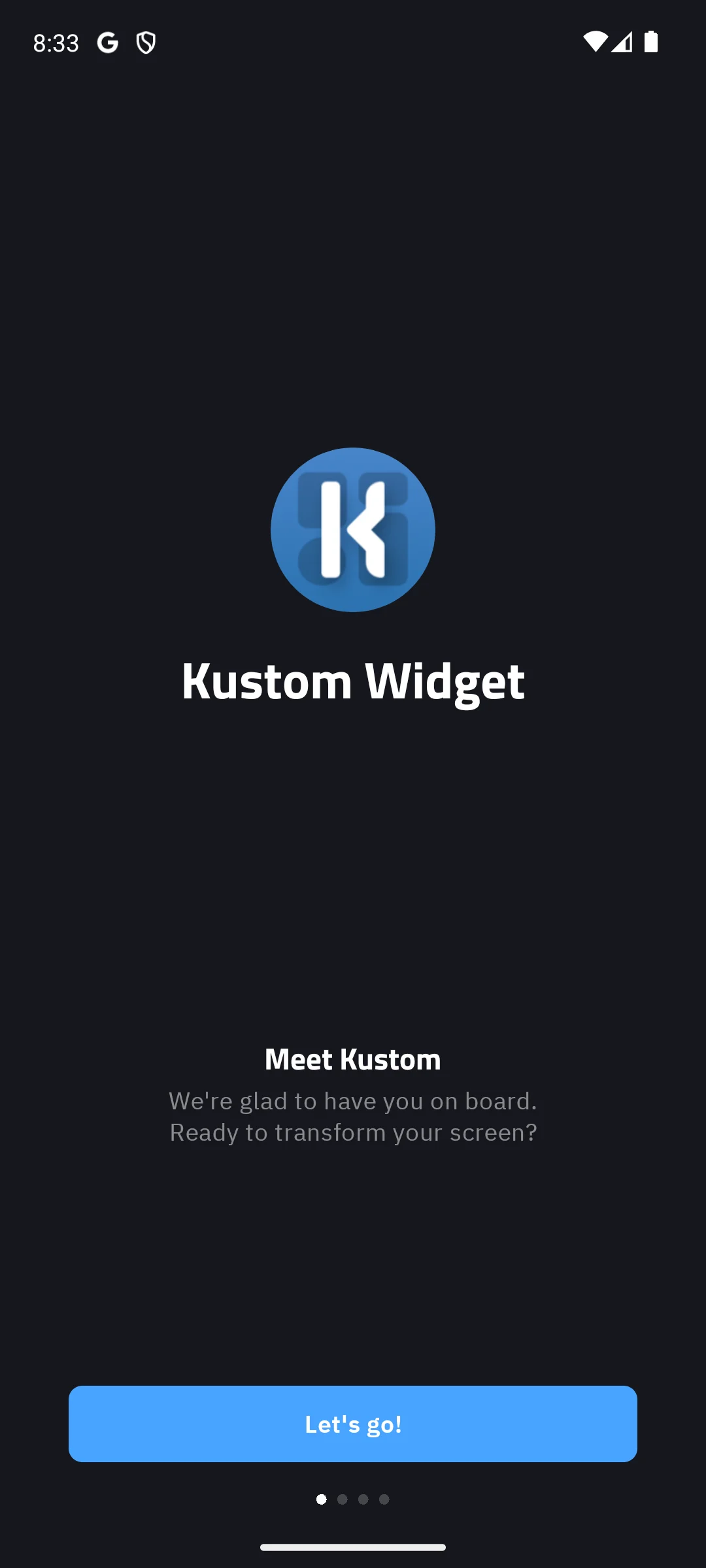 KWGT Kustom Widget Maker on Android, first run introduction.