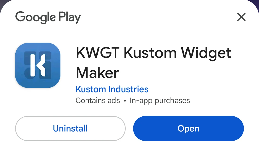 Google Play app card for KWGT Kustom Widget Maker by Kustom Industries, showing the Contains ads and In-app purchases labels under the developer name.