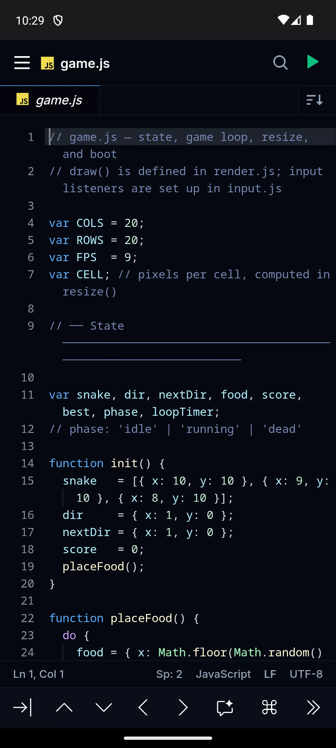 Spck Editor on Android, The editor, with a sample project open.