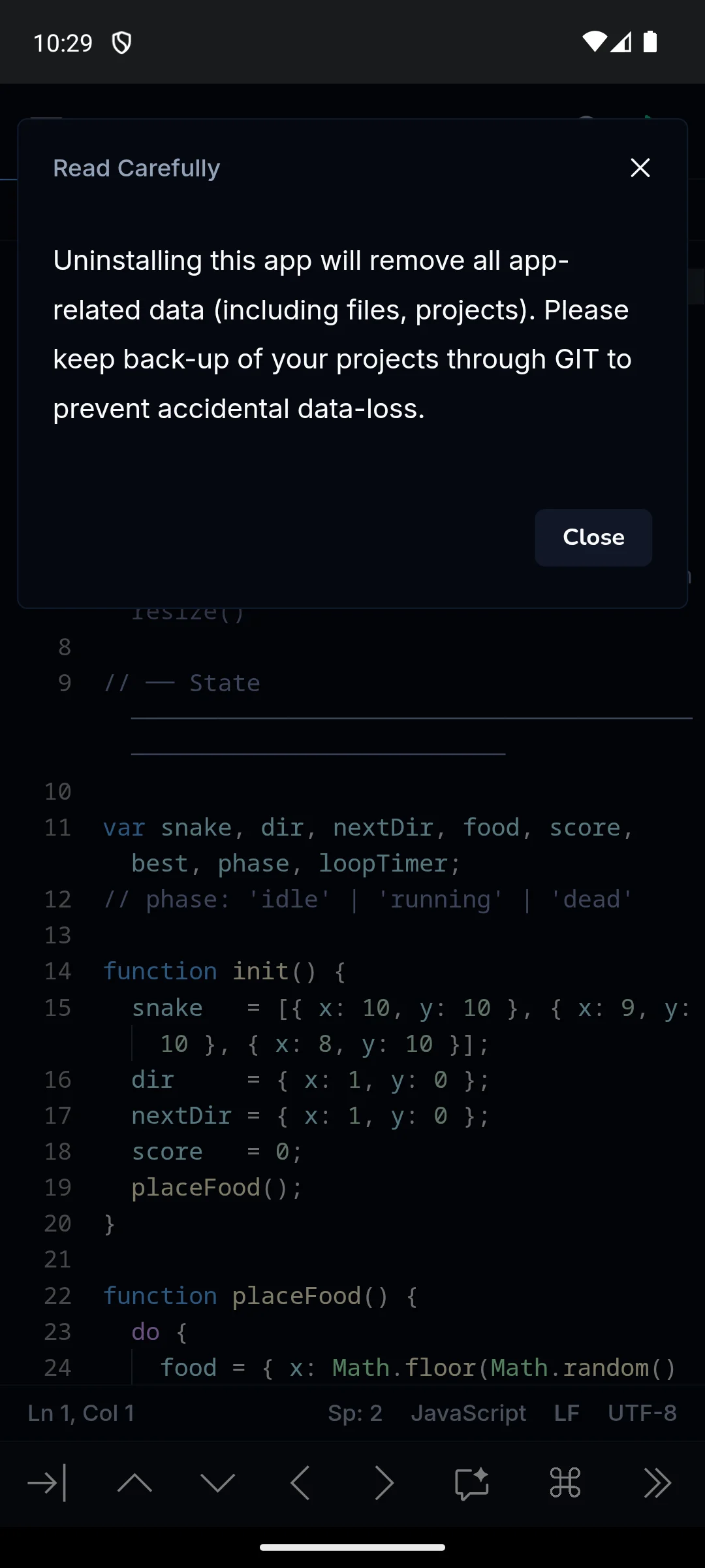 Spck Editor on Android, The warning about uninstalling.