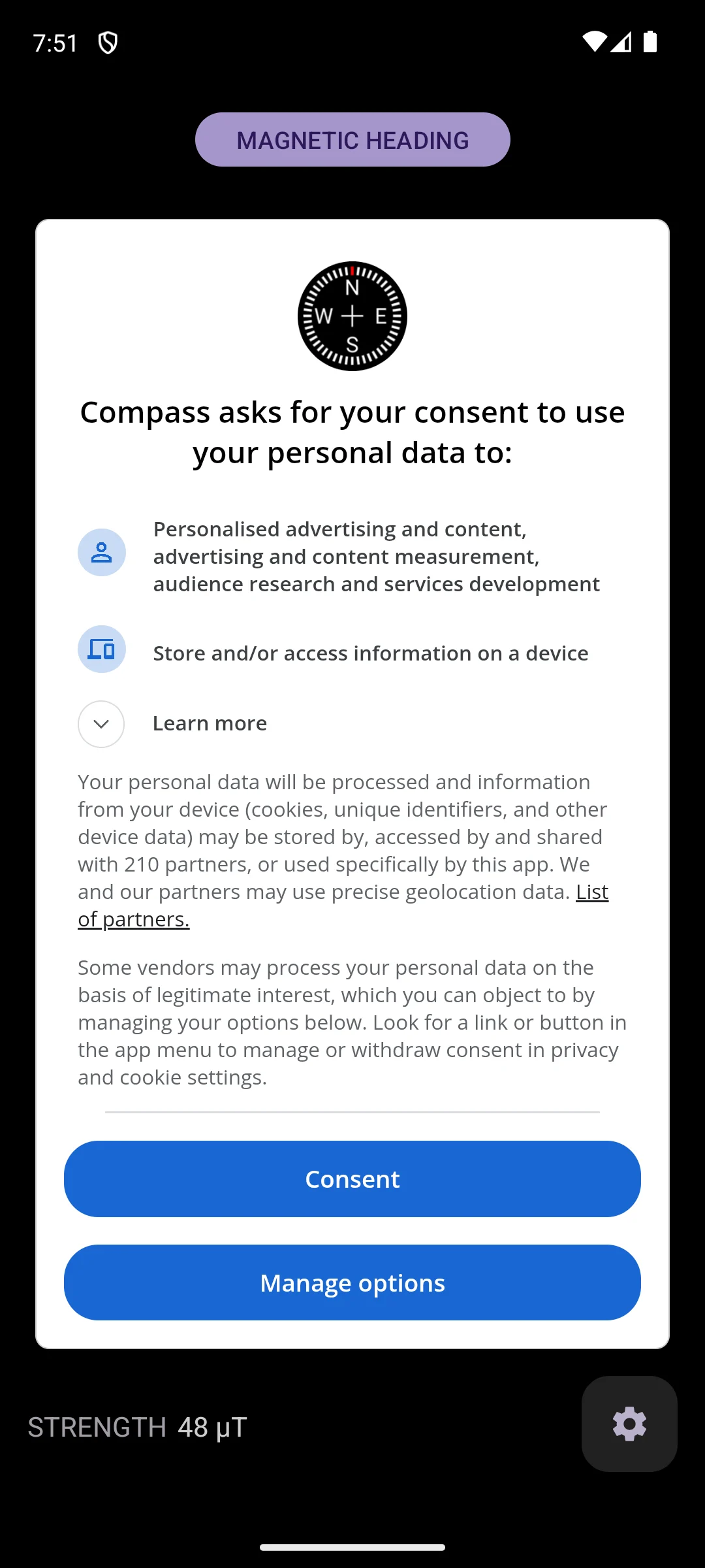 Digital Compass on Android, The consent dialog over the working compass.