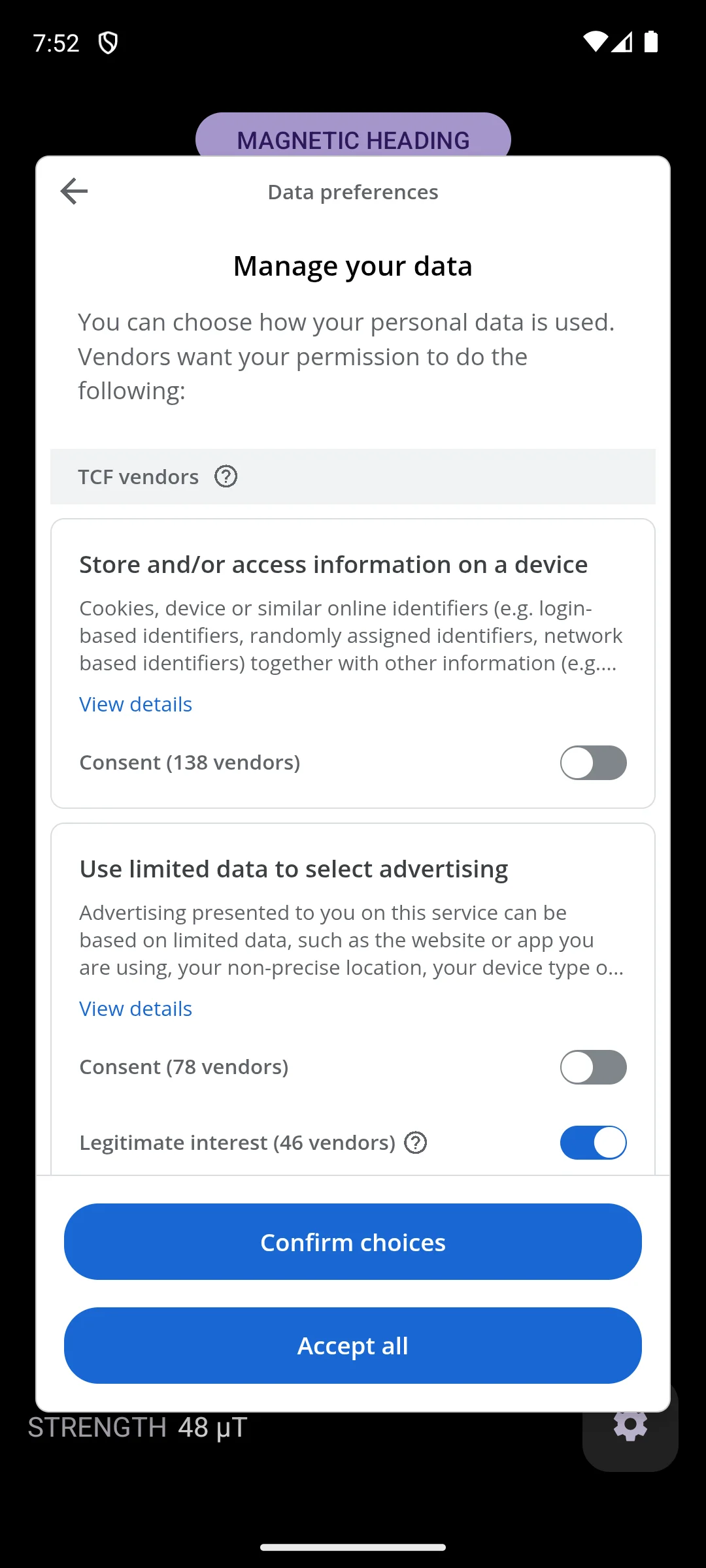 Digital Compass on Android, The vendor list behind Manage options.