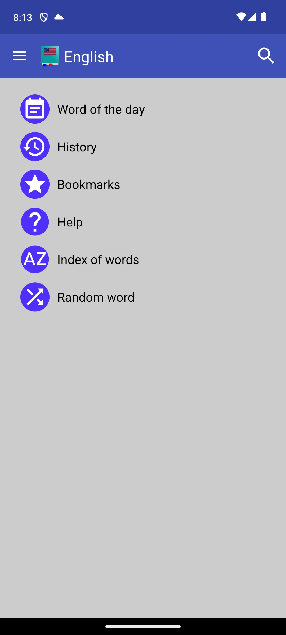 Dictionary Livio on Android, Its own menu, on first launch.
