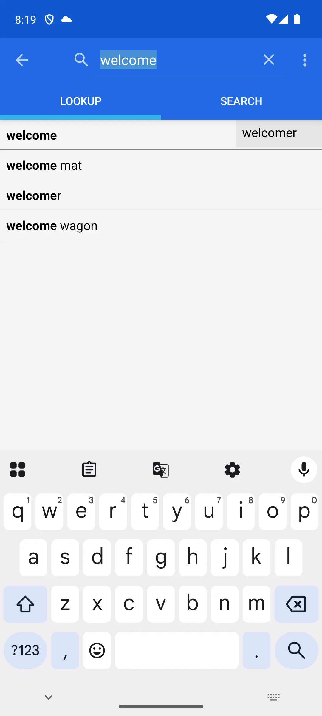 WordWeb on Android, Lookup answering while the word is typed.
