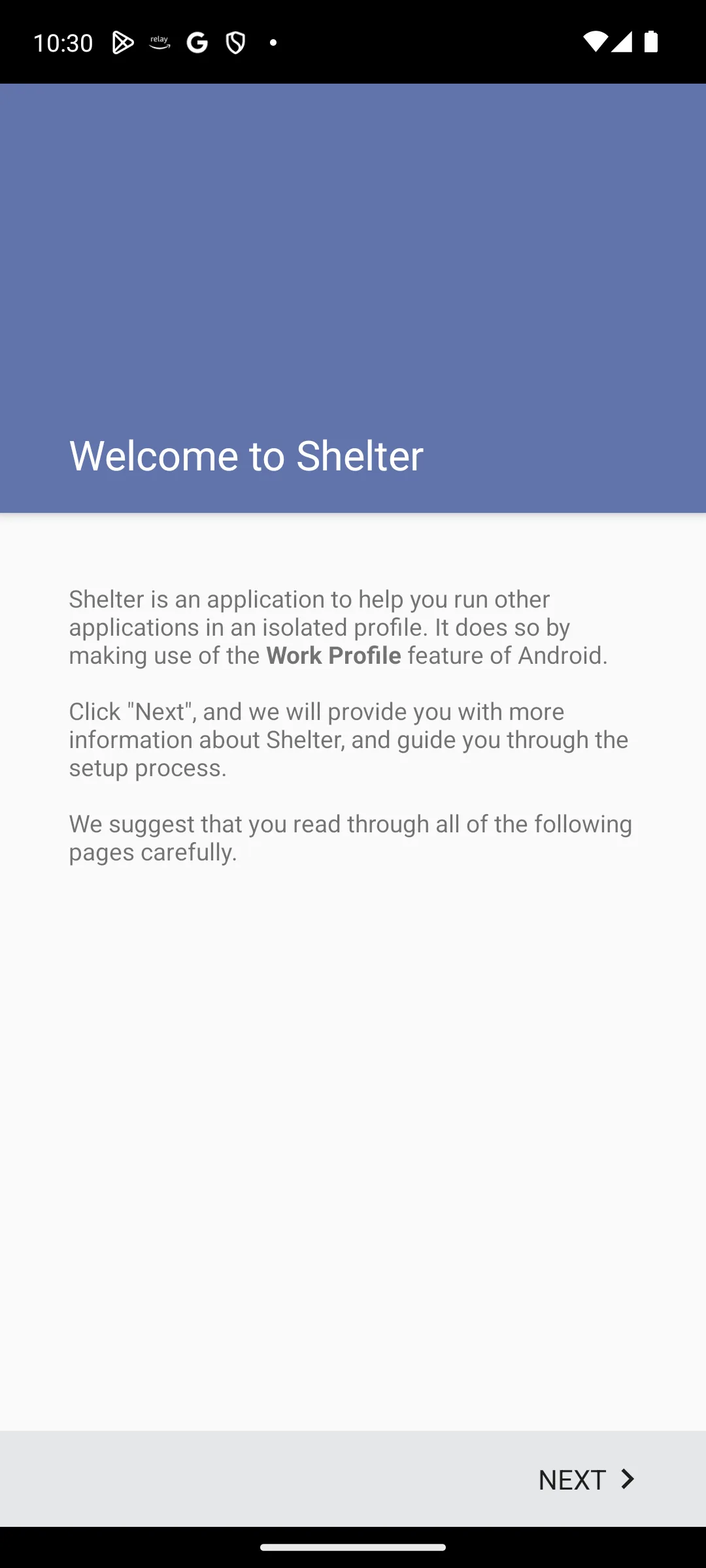 The Shelter welcome screen explaining that it isolates apps using the Android work profile feature