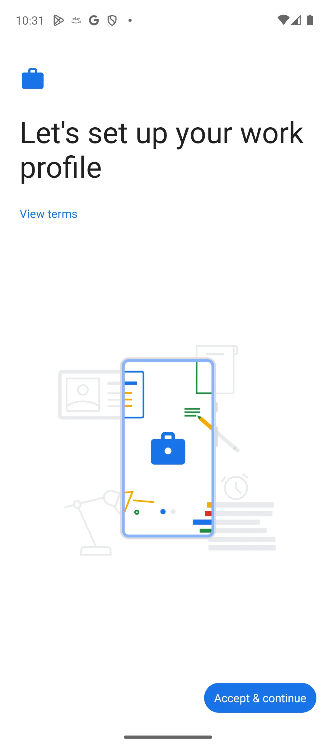 The Android work profile setup screen with an Accept and continue button