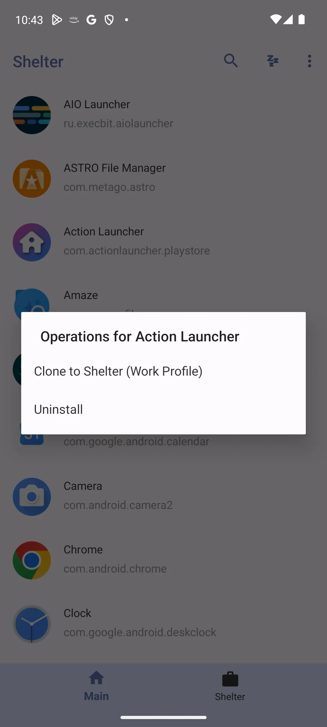 The Shelter menu for an installed app offering Clone to Shelter, work profile