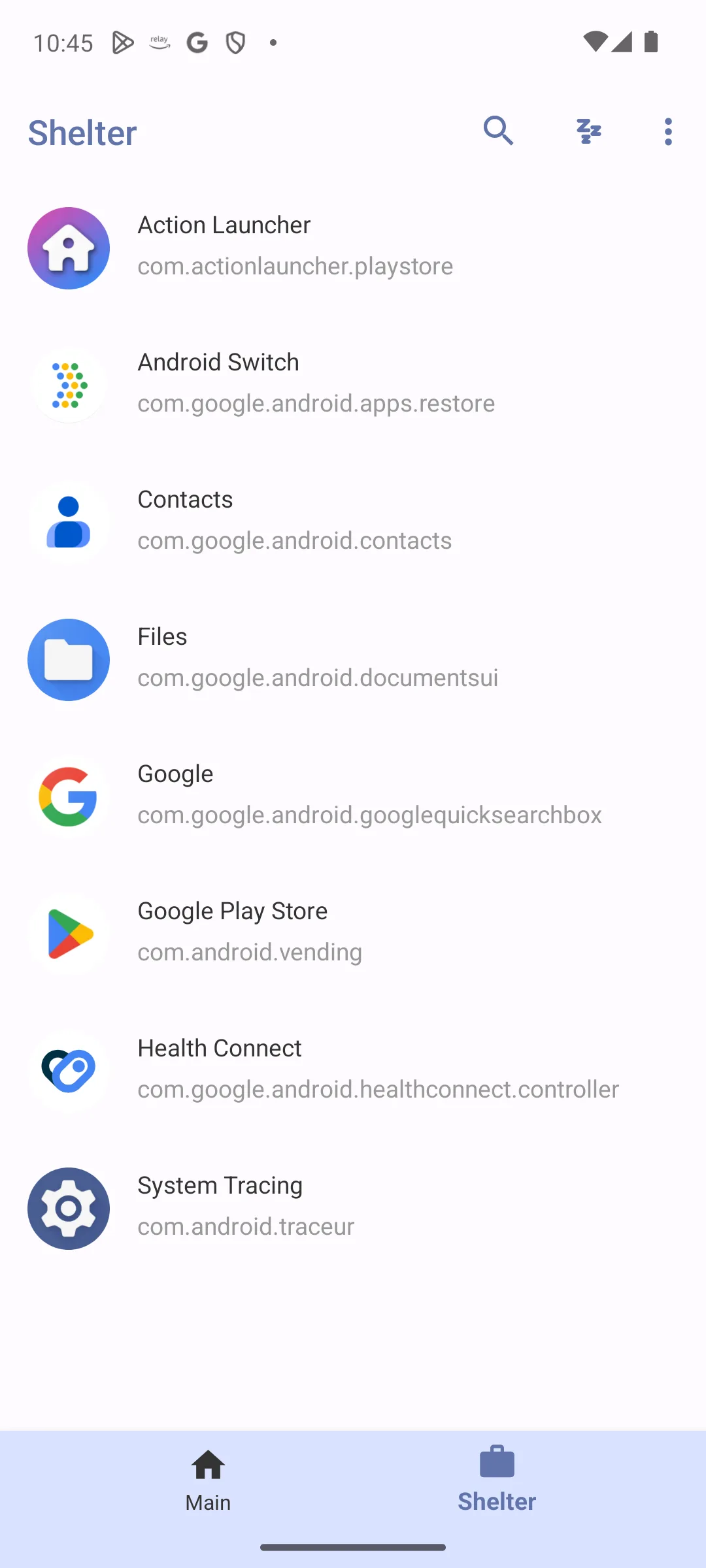 The Shelter tab listing the cloned app alongside the system apps that live in the isolated profile