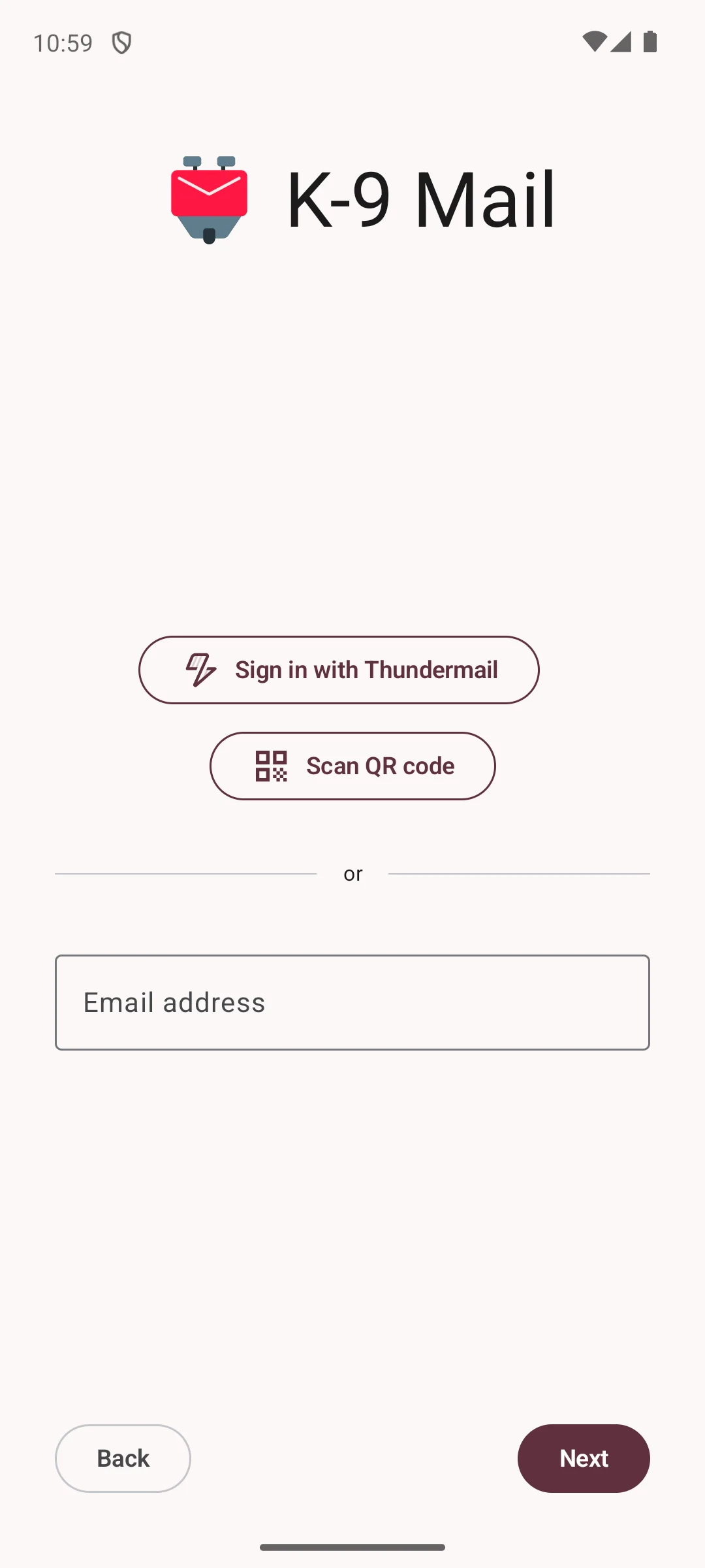 K-9 Mail on Android, Adding a mailbox, or Thundermail.