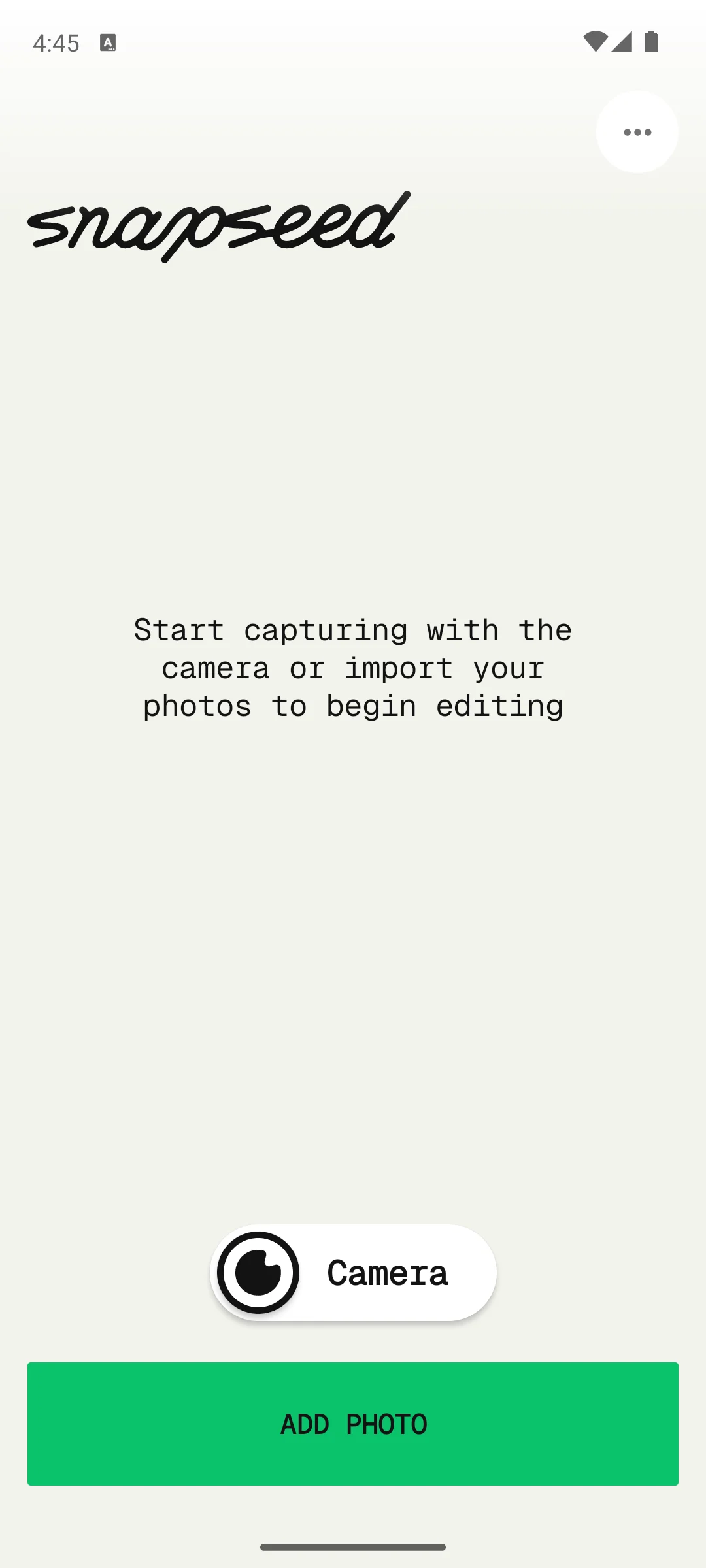 Snapseed on Android, The editor start screen it opens on.