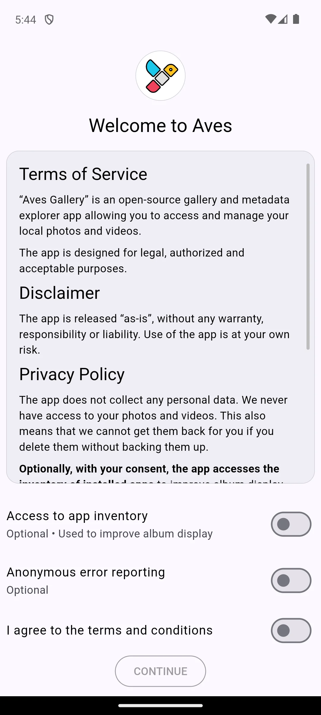 Aves Gallery on Android, Its consent screen, with three separate switches.