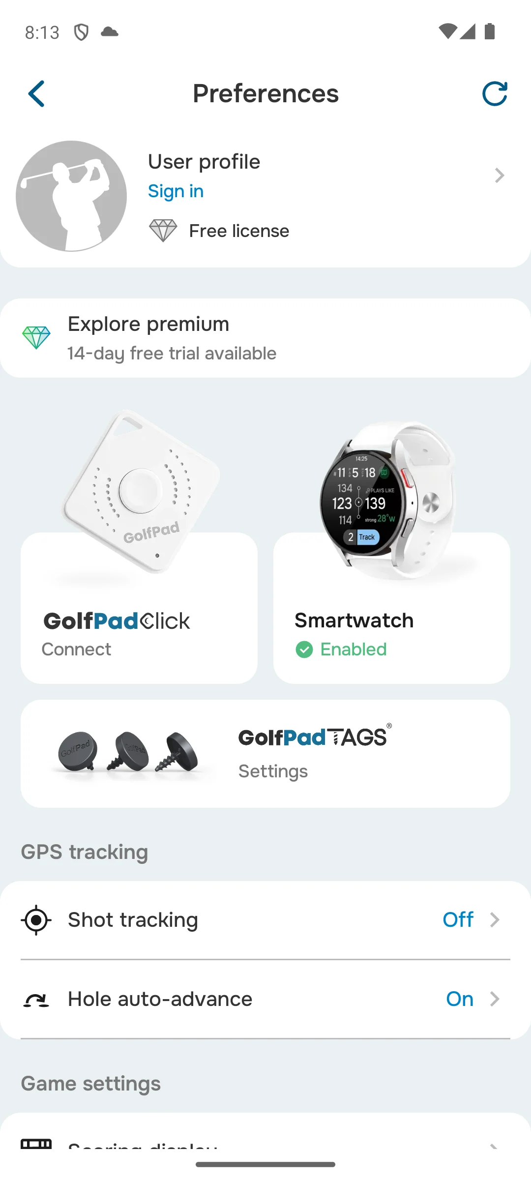 Golf Pad on Android, Preferences, showing the free licence state.