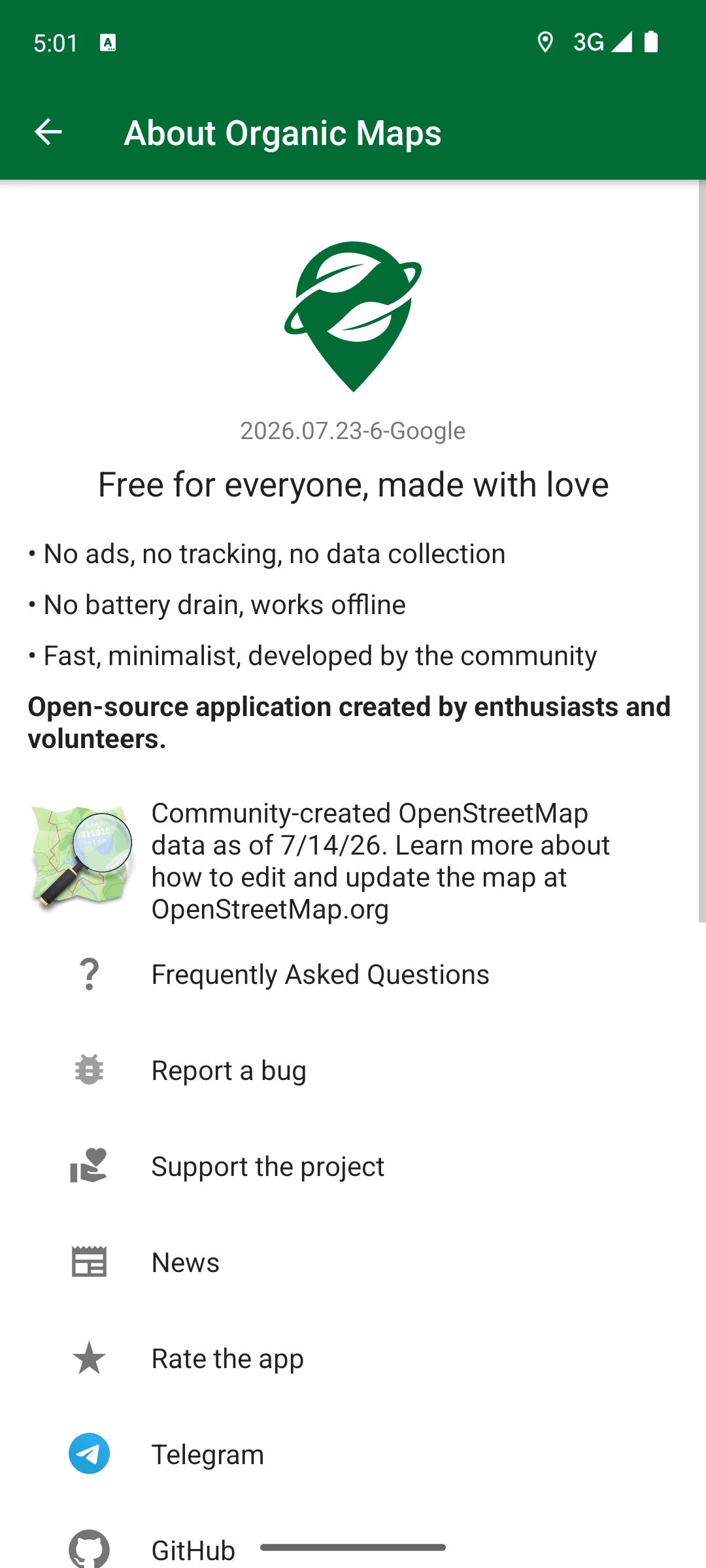 Organic Maps on Android, The About screen, with build and map data dates.