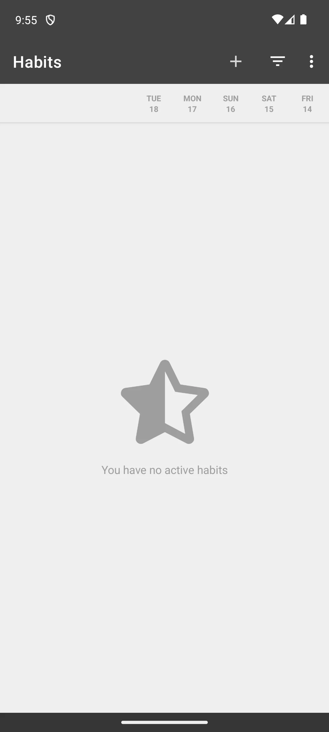 Loop Habit Tracker on Android, an empty habit list with the last five days shown as columns.