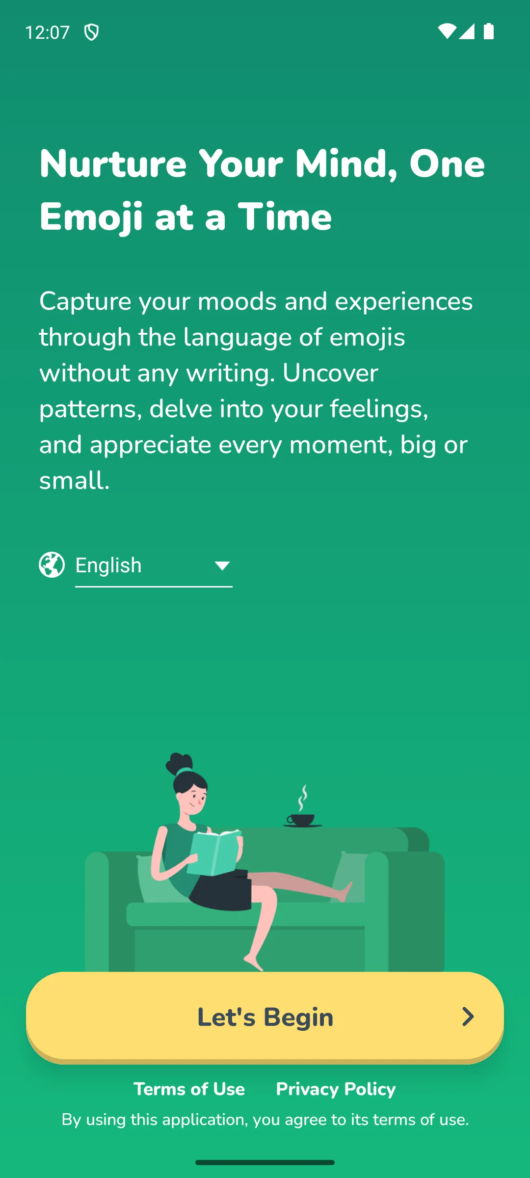 Daylio on Android, The welcome screen, with its terms links.