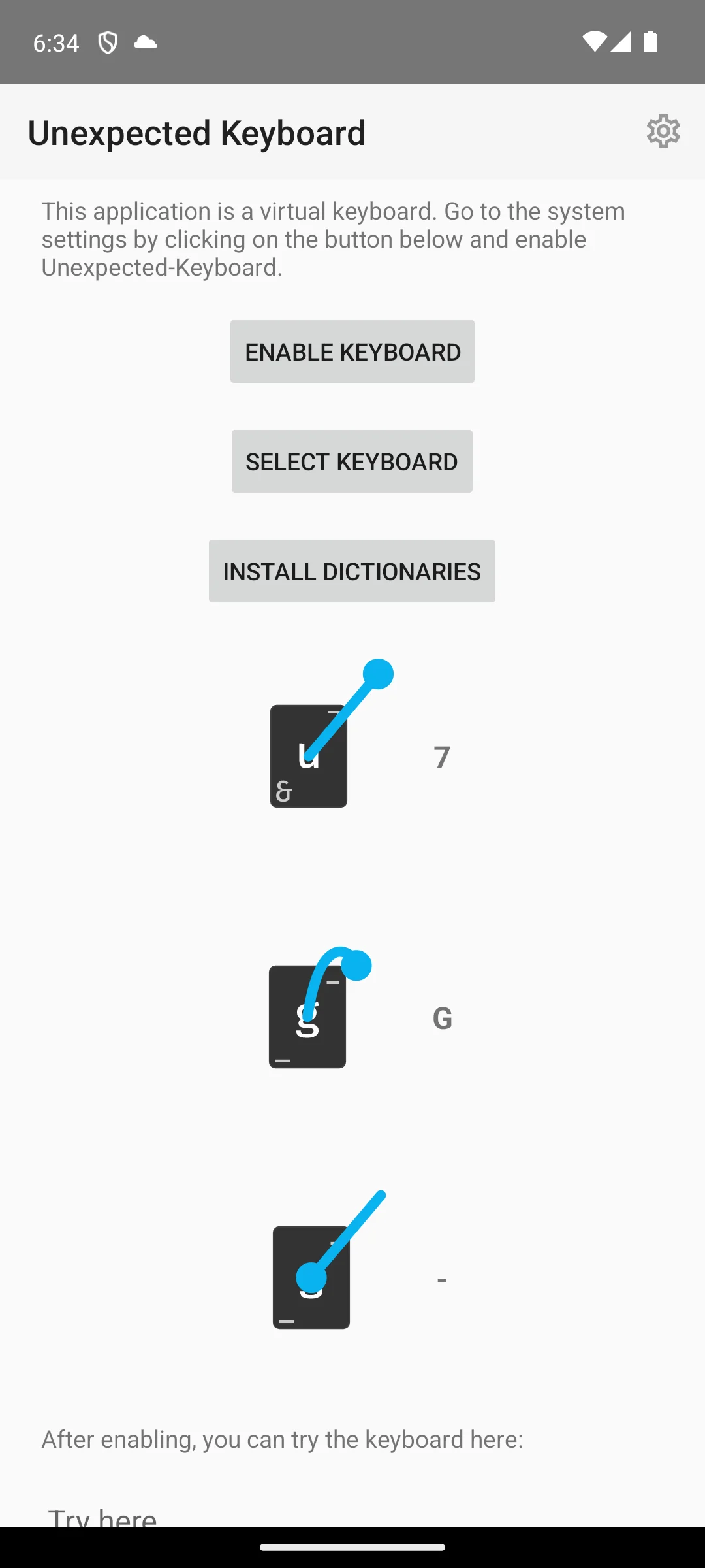 Unexpected Keyboard on Android, Its setup page, with the swipe gestures drawn.