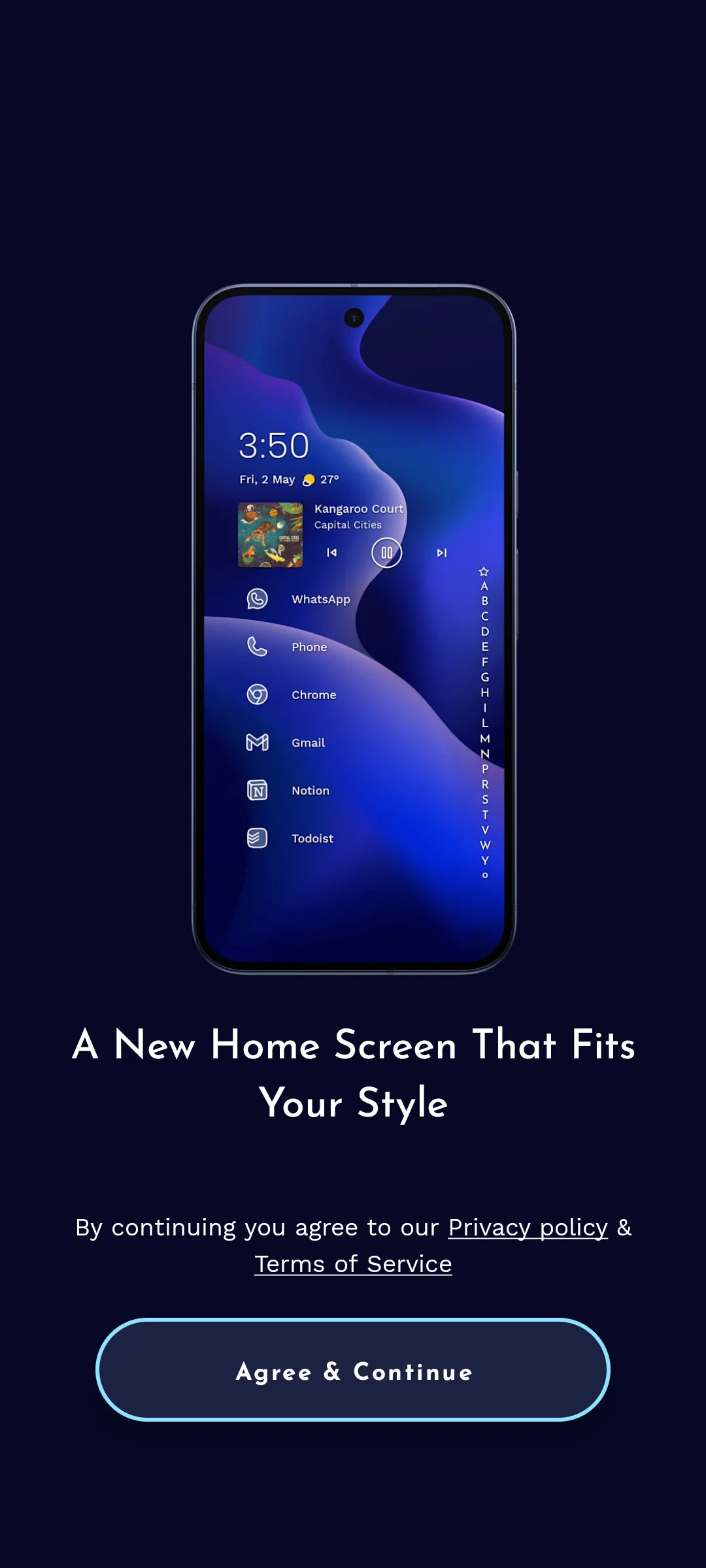 Niagara Launcher on Android, The introduction screen, with its terms gate.