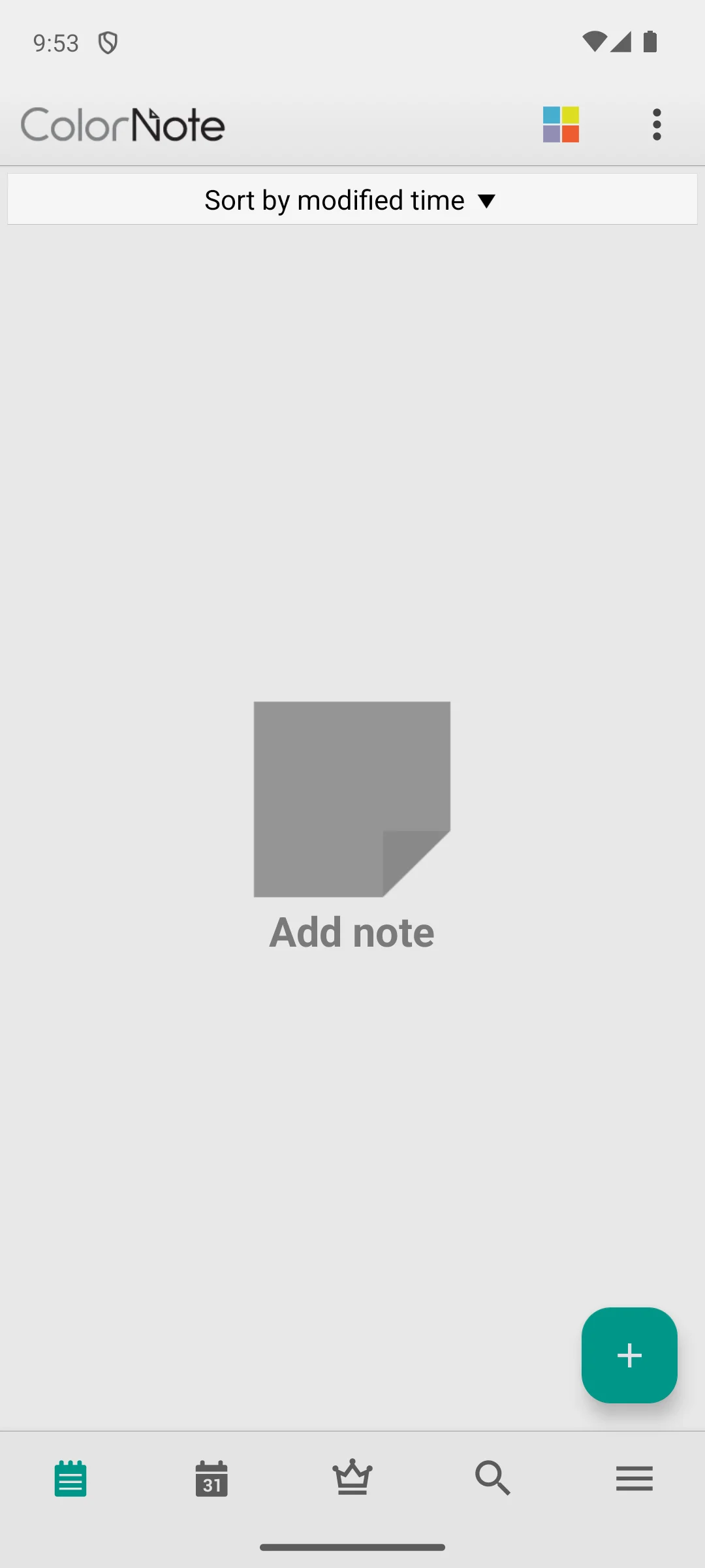 ColorNote on Android, Note list on first run.