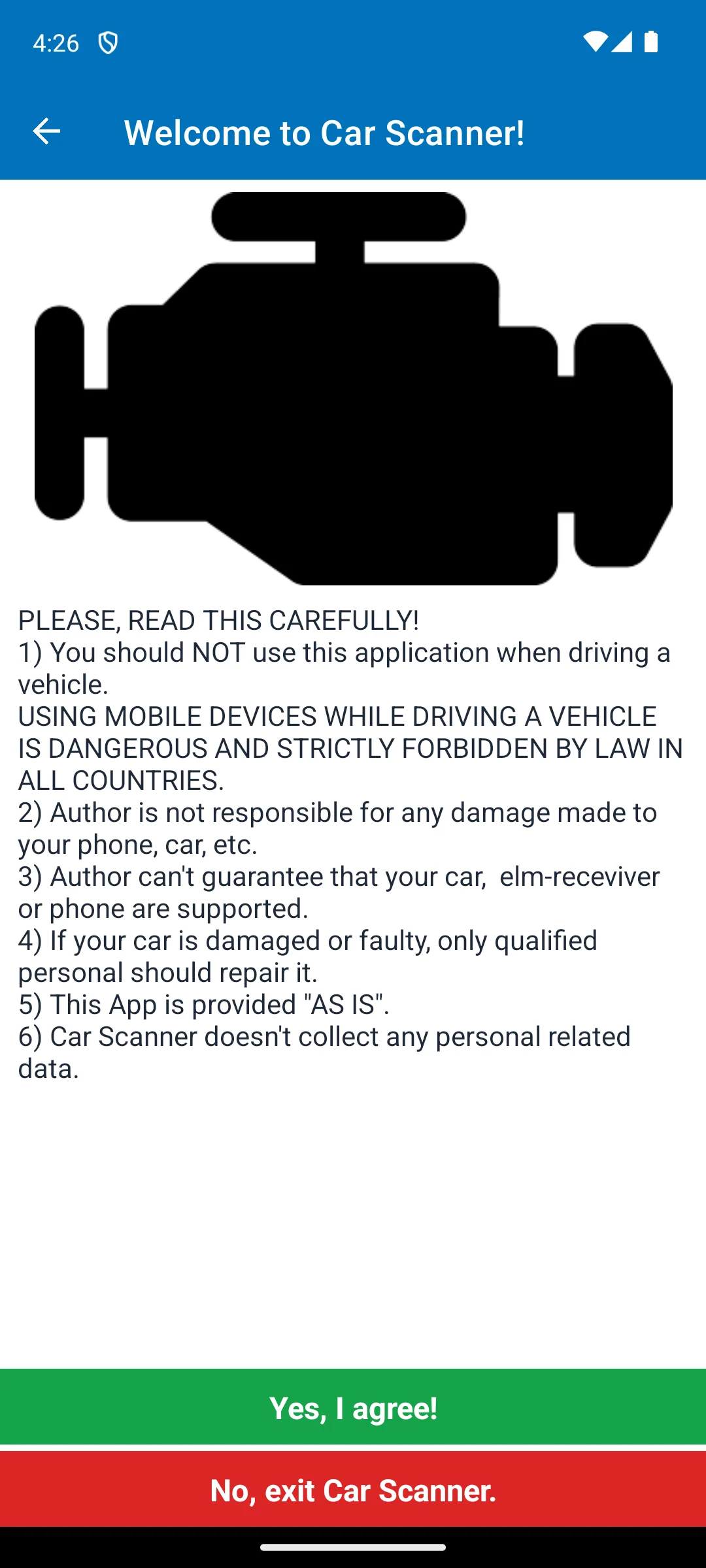 Car Scanner ELM OBD2 on Android, The disclaimer it opens on.