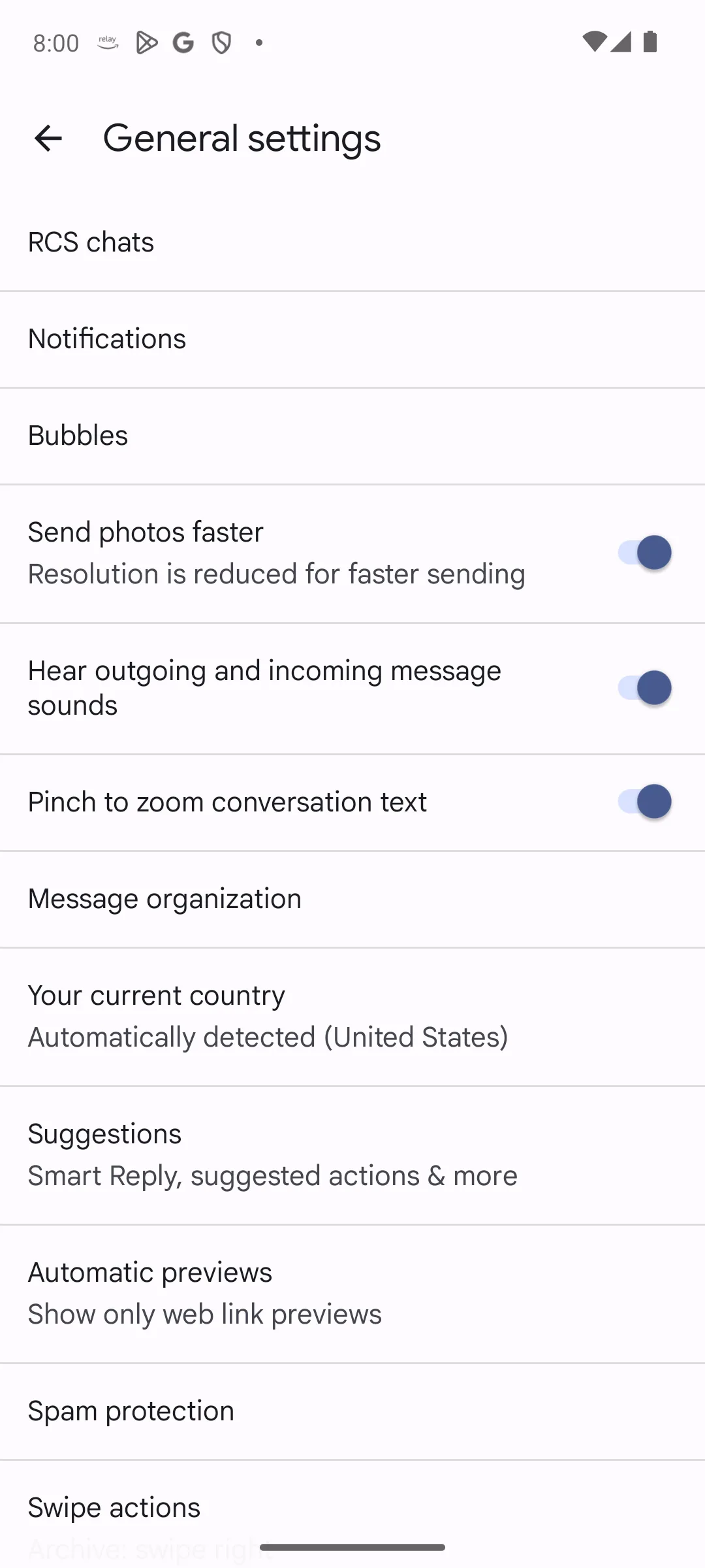 Google Messages general settings with RCS chats at the top of the list