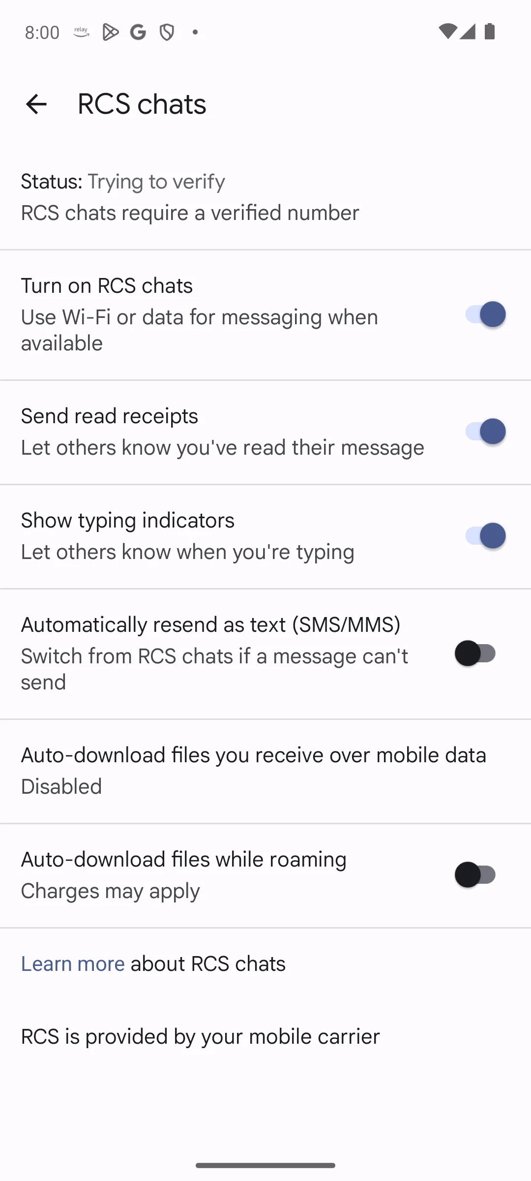 RCS chats settings screen showing the Turn on RCS chats toggle and the Automatically resend as text SMS MMS option