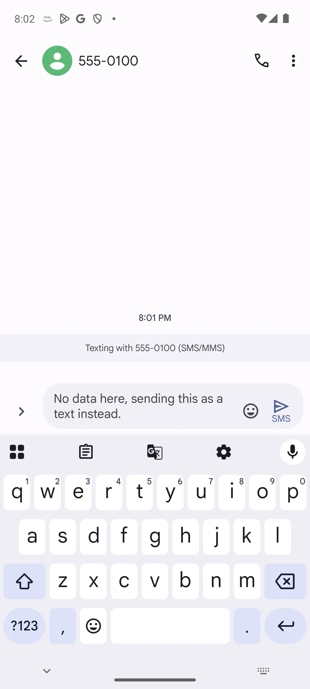 A message being composed in a thread labeled Texting with SMS MMS, with the send button marked SMS