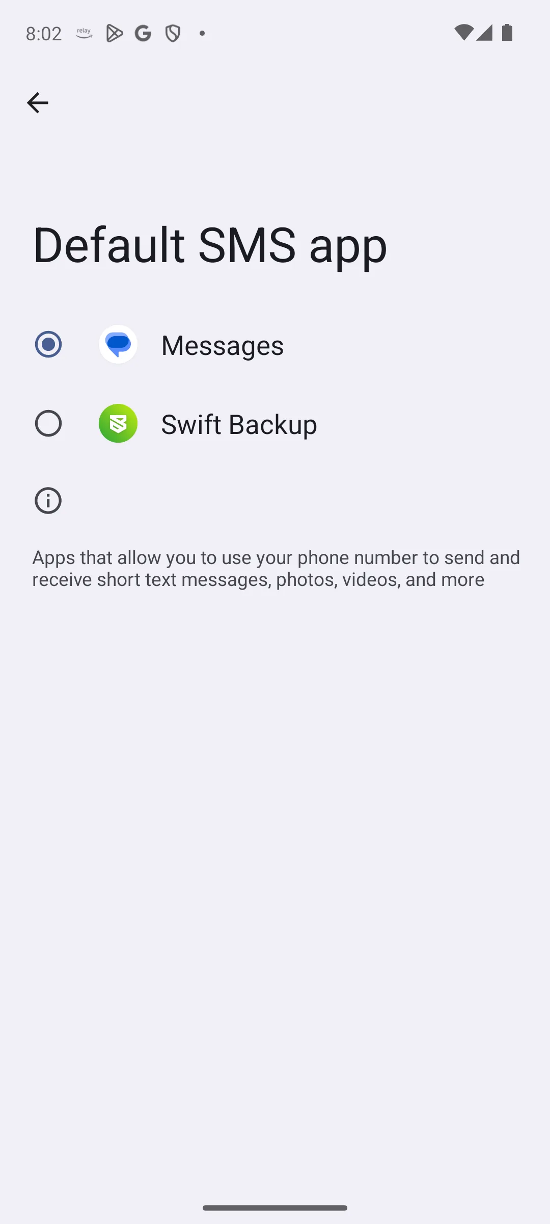 The Android default SMS app picker with Messages selected